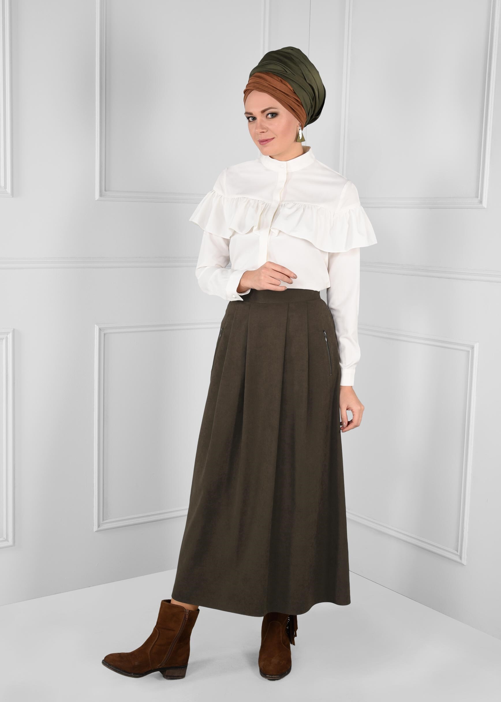 Tesettür giyim HAKİ CEP DETAYLI KLOŞ SÜET ETEK 6111