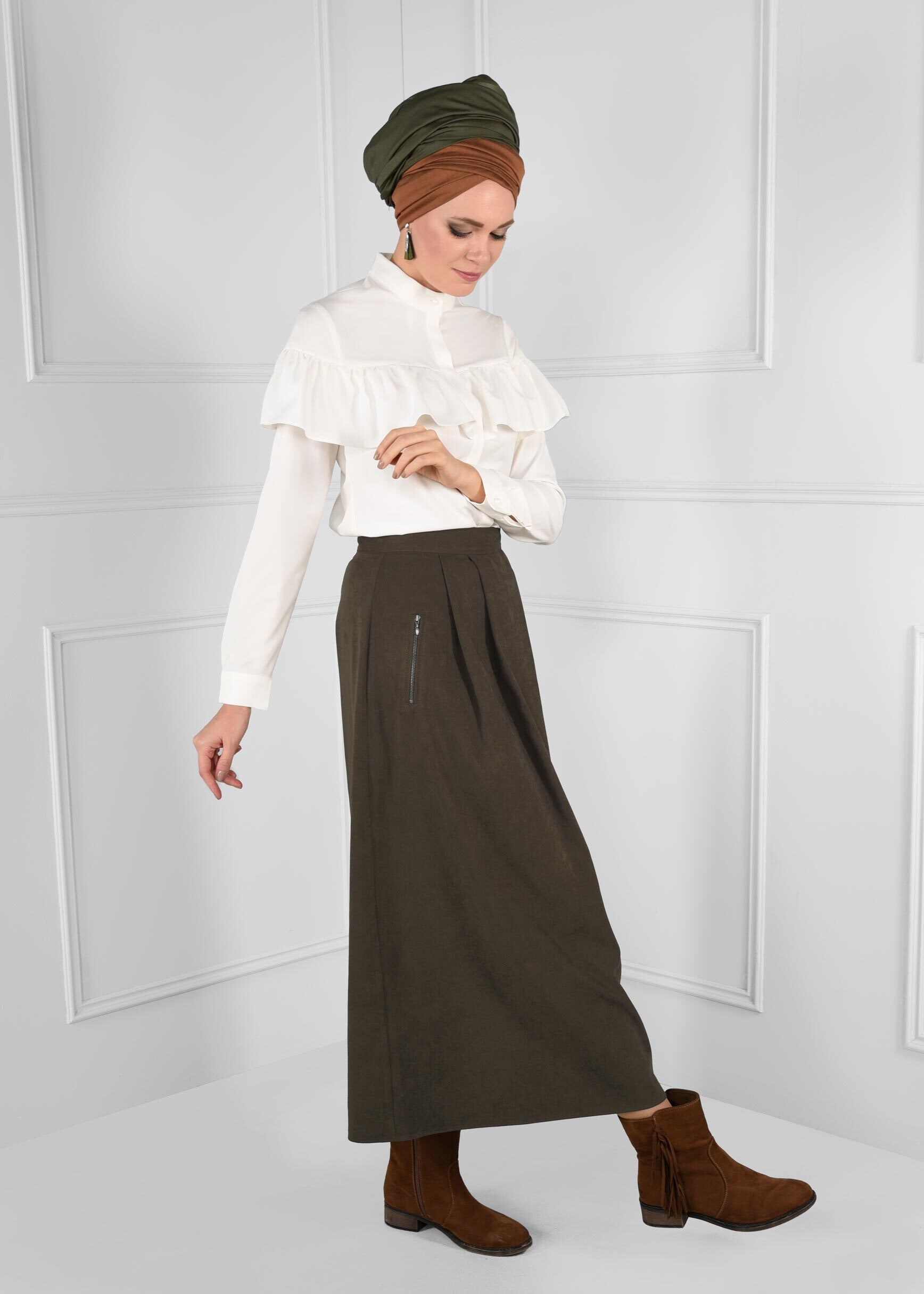 Tesettür giyim HAKİ CEP DETAYLI KLOŞ SÜET ETEK 6111