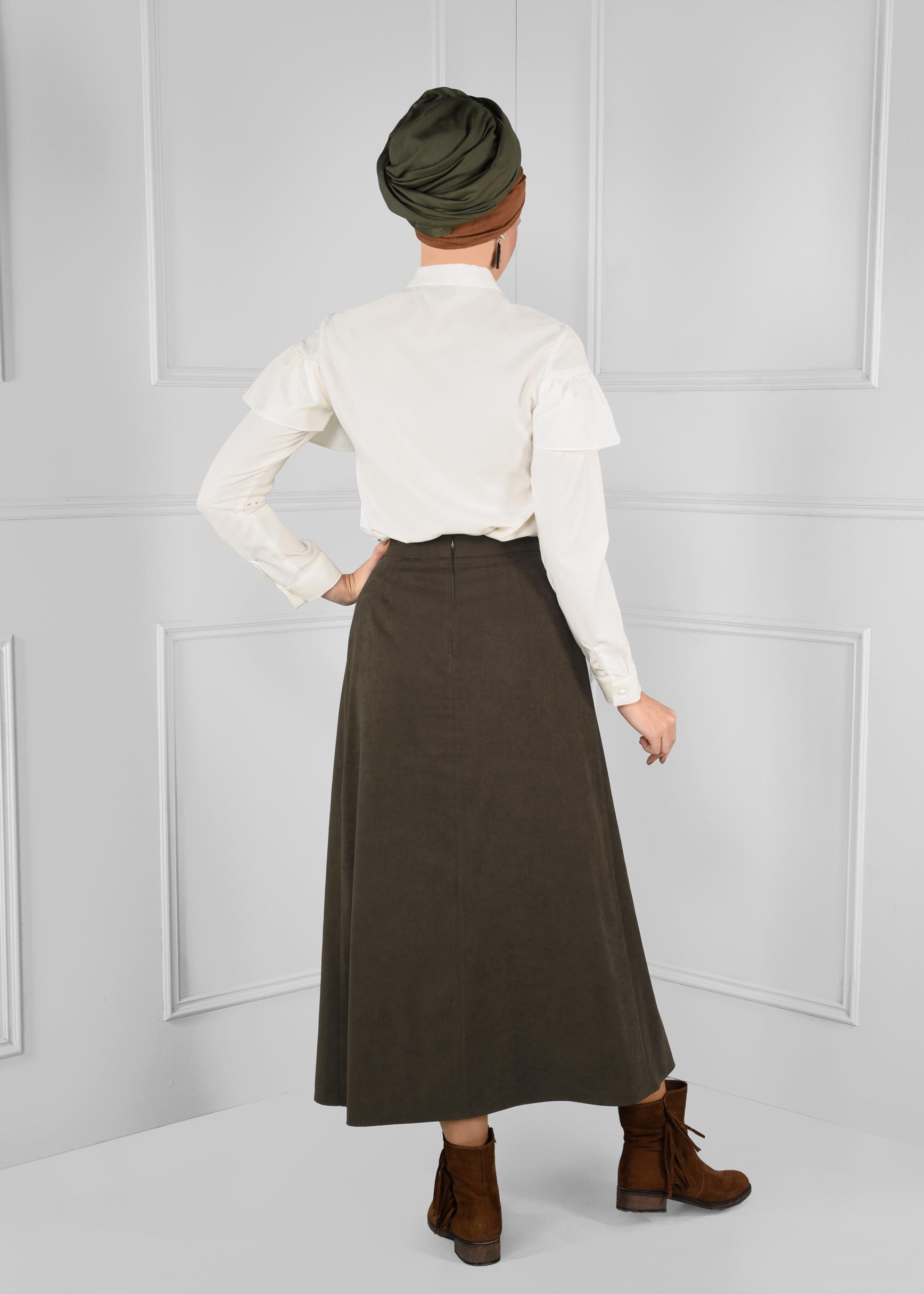 Tesettür giyim HAKİ CEP DETAYLI KLOŞ SÜET ETEK 6111