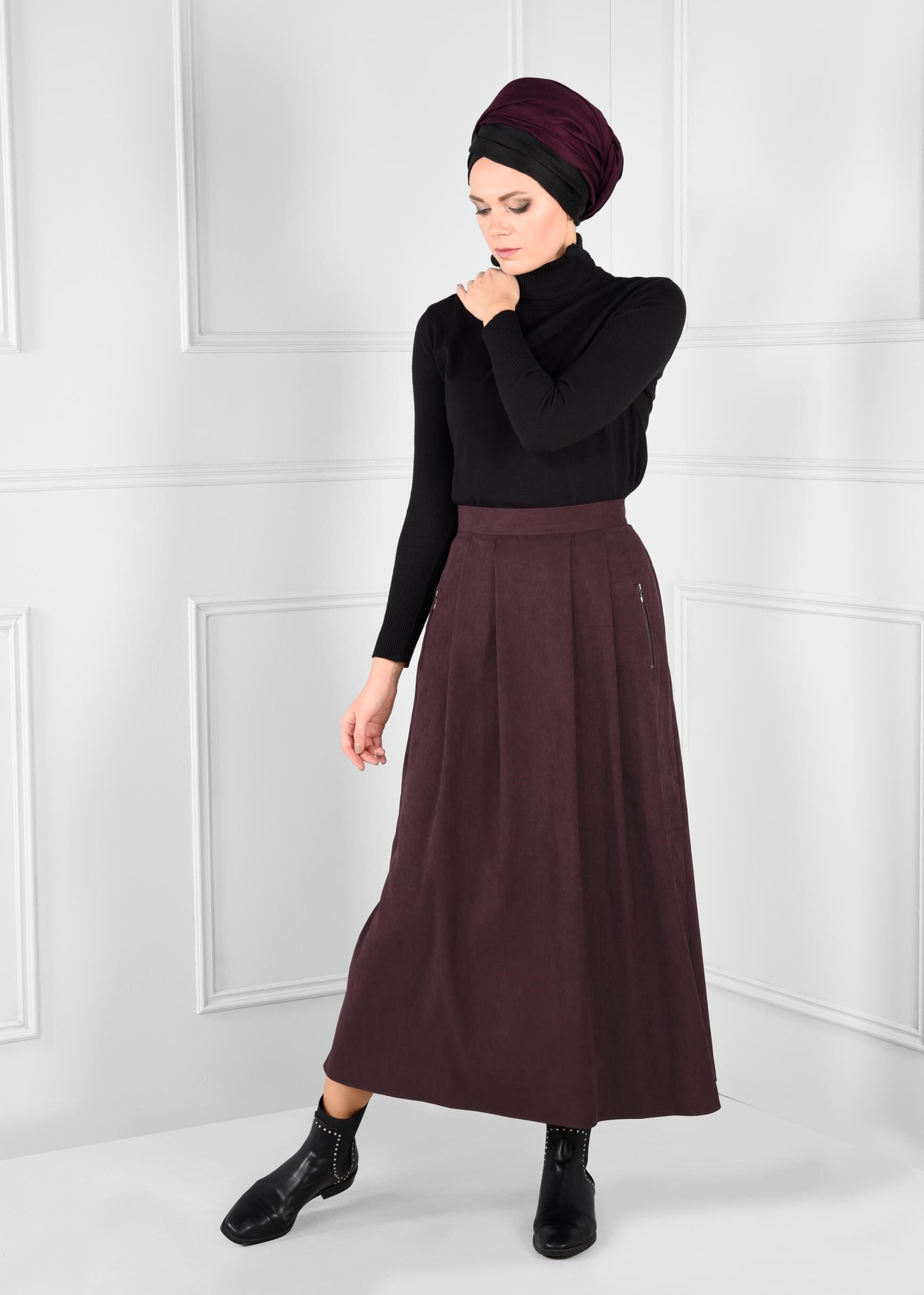 Tesettür giyim BORDO CEP DETAYLI KLOŞ SÜET ETEK 6111