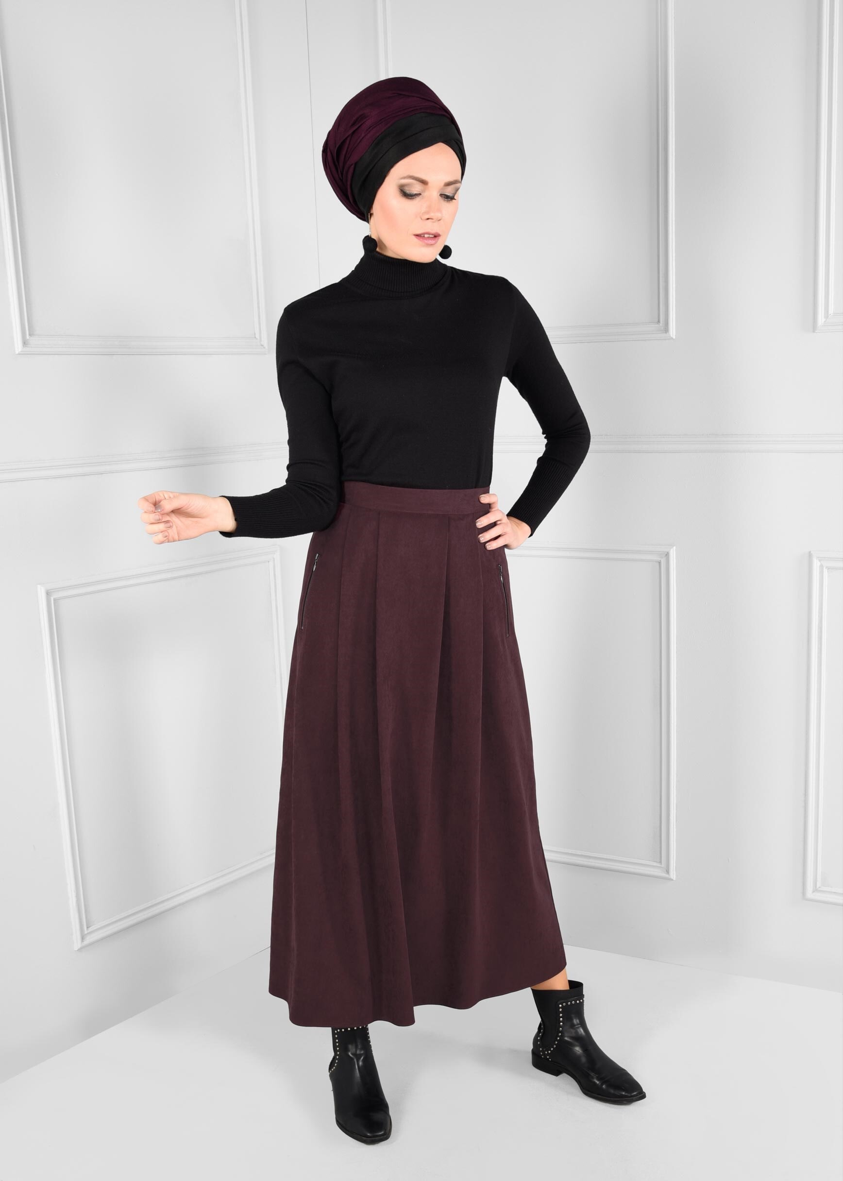 Tesettür giyim BORDO CEP DETAYLI KLOŞ SÜET ETEK 6111