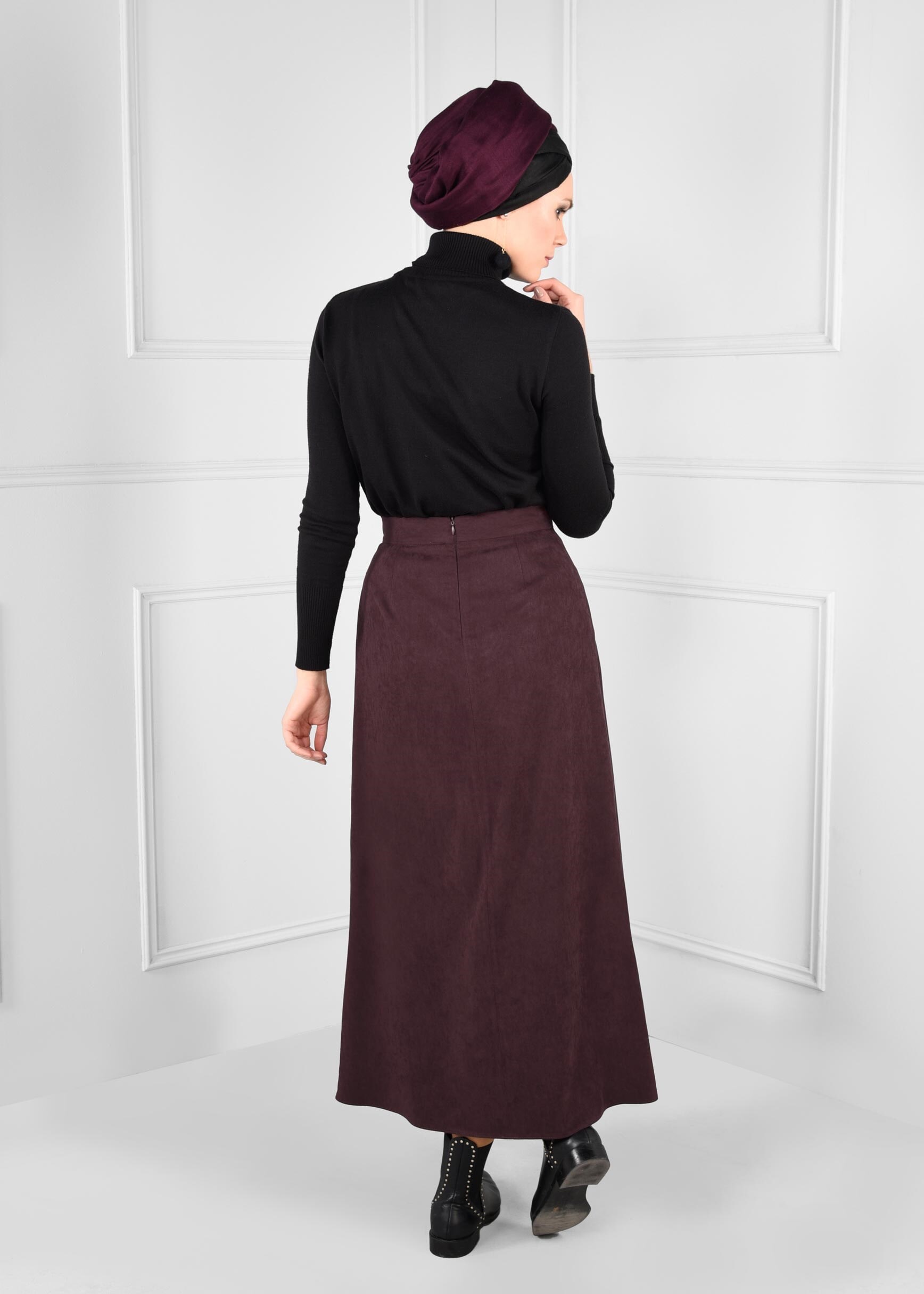 Tesettür giyim BORDO CEP DETAYLI KLOŞ SÜET ETEK 6111