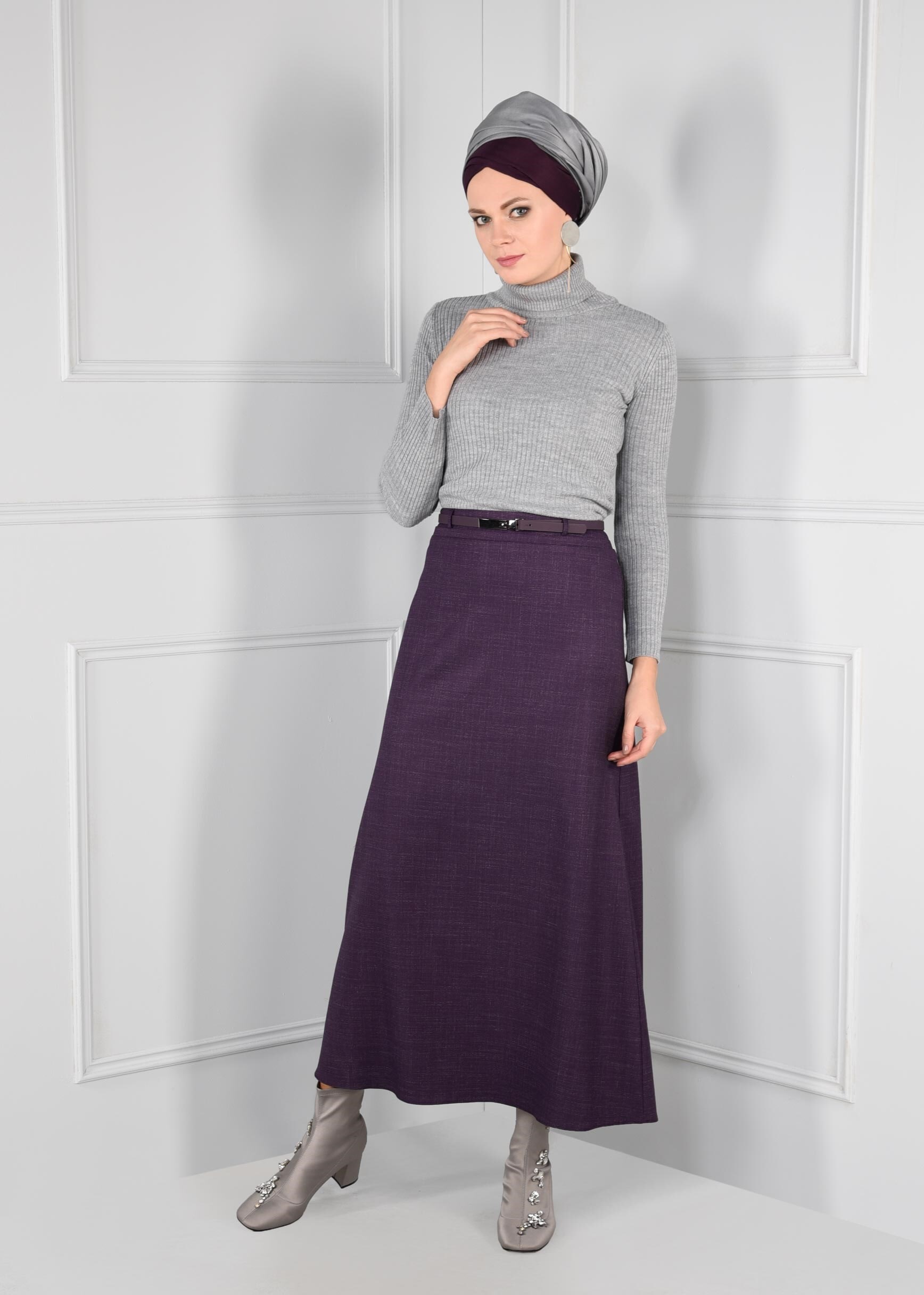 Tesettür giyim MOR KEMER DETAYLI ETEK 6112