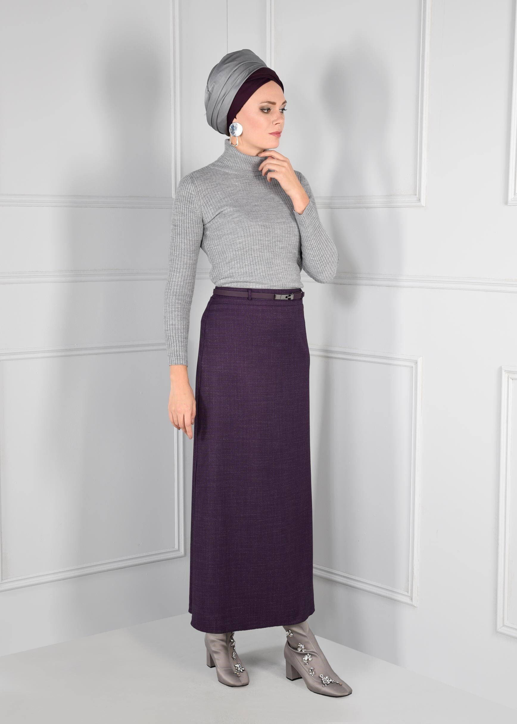 Tesettür giyim MOR KEMER DETAYLI ETEK 6112