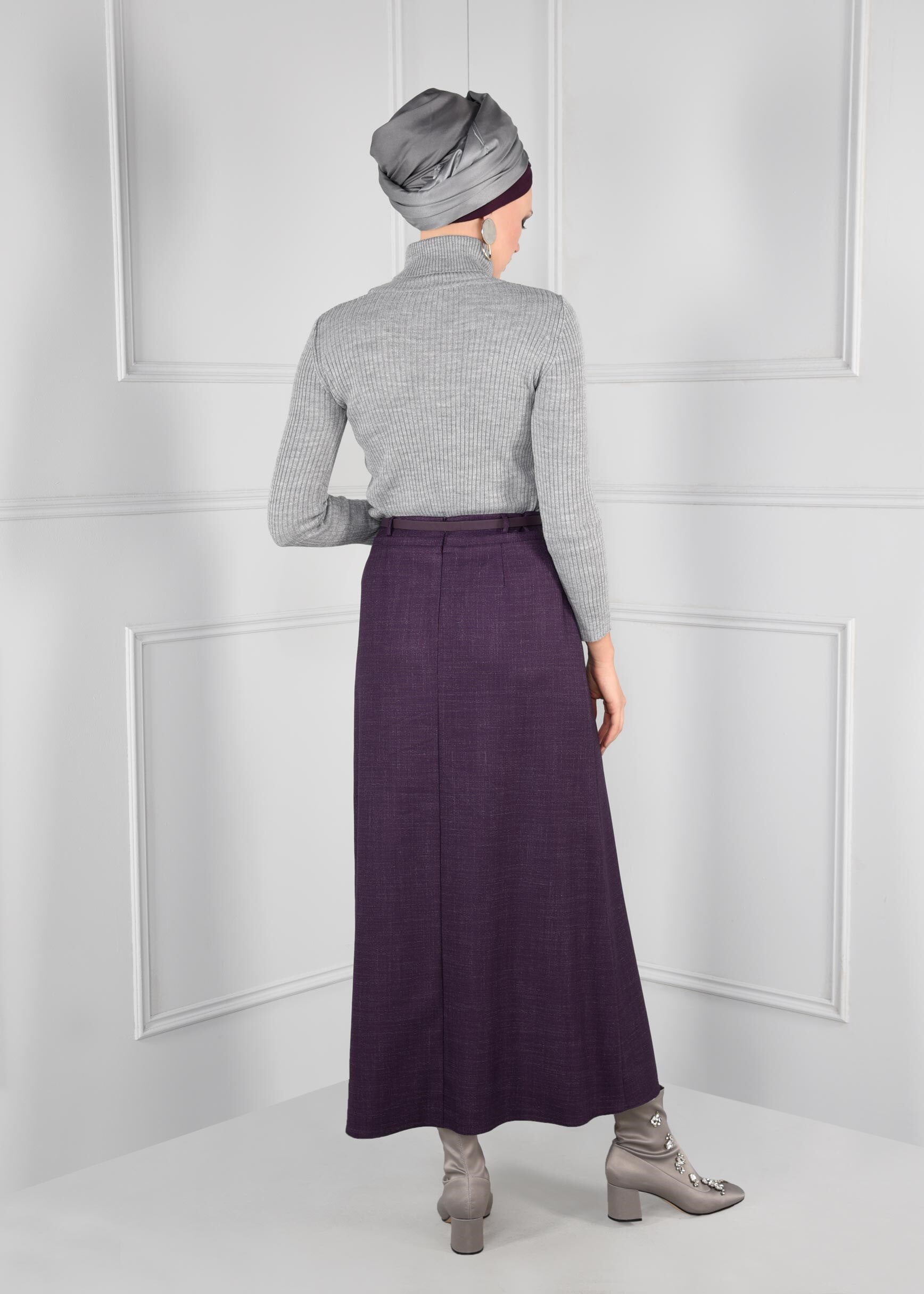 Tesettür giyim MOR KEMER DETAYLI ETEK 6112