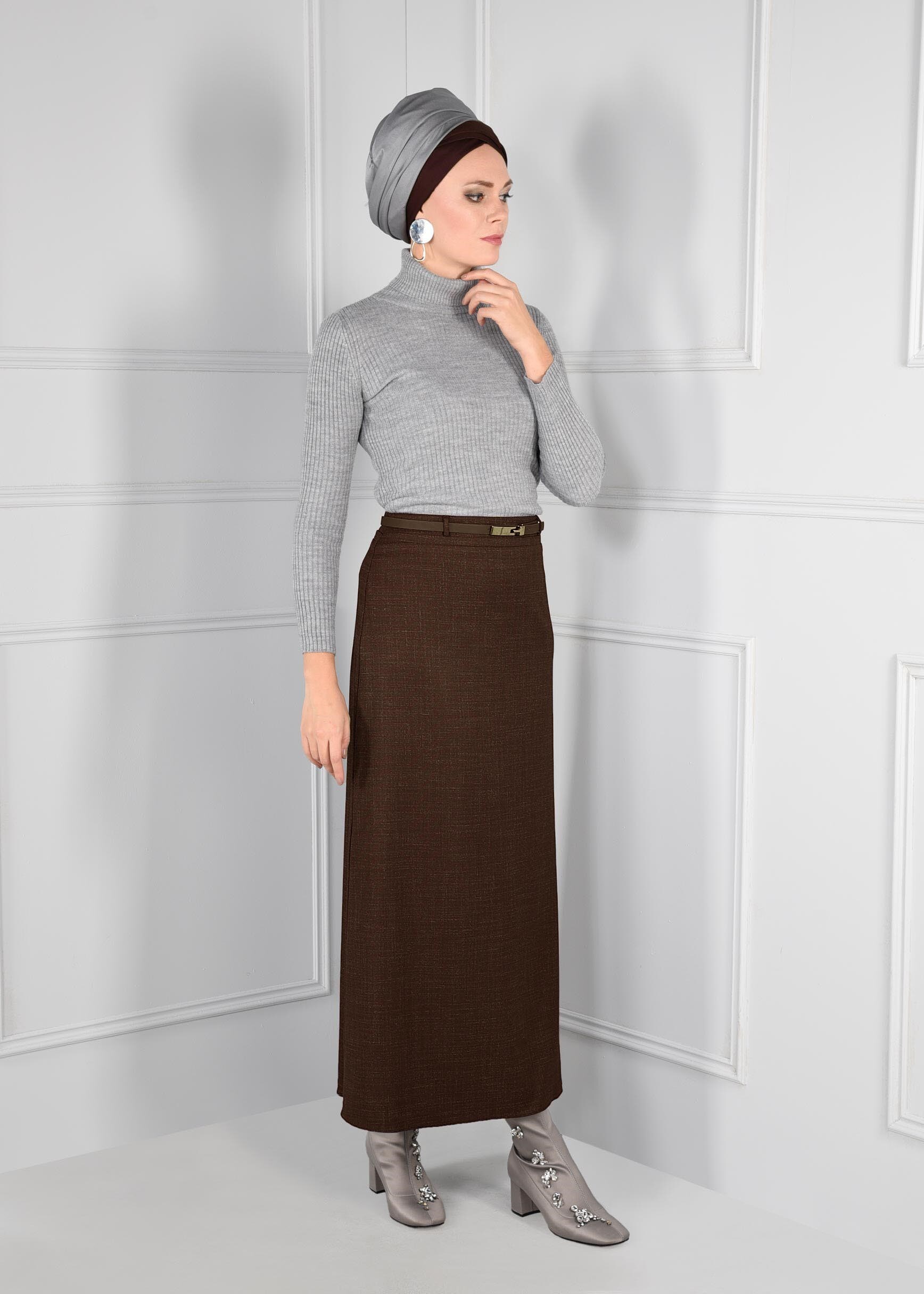 Tesettür giyim KAHVE KEMER DETAYLI ETEK 6112