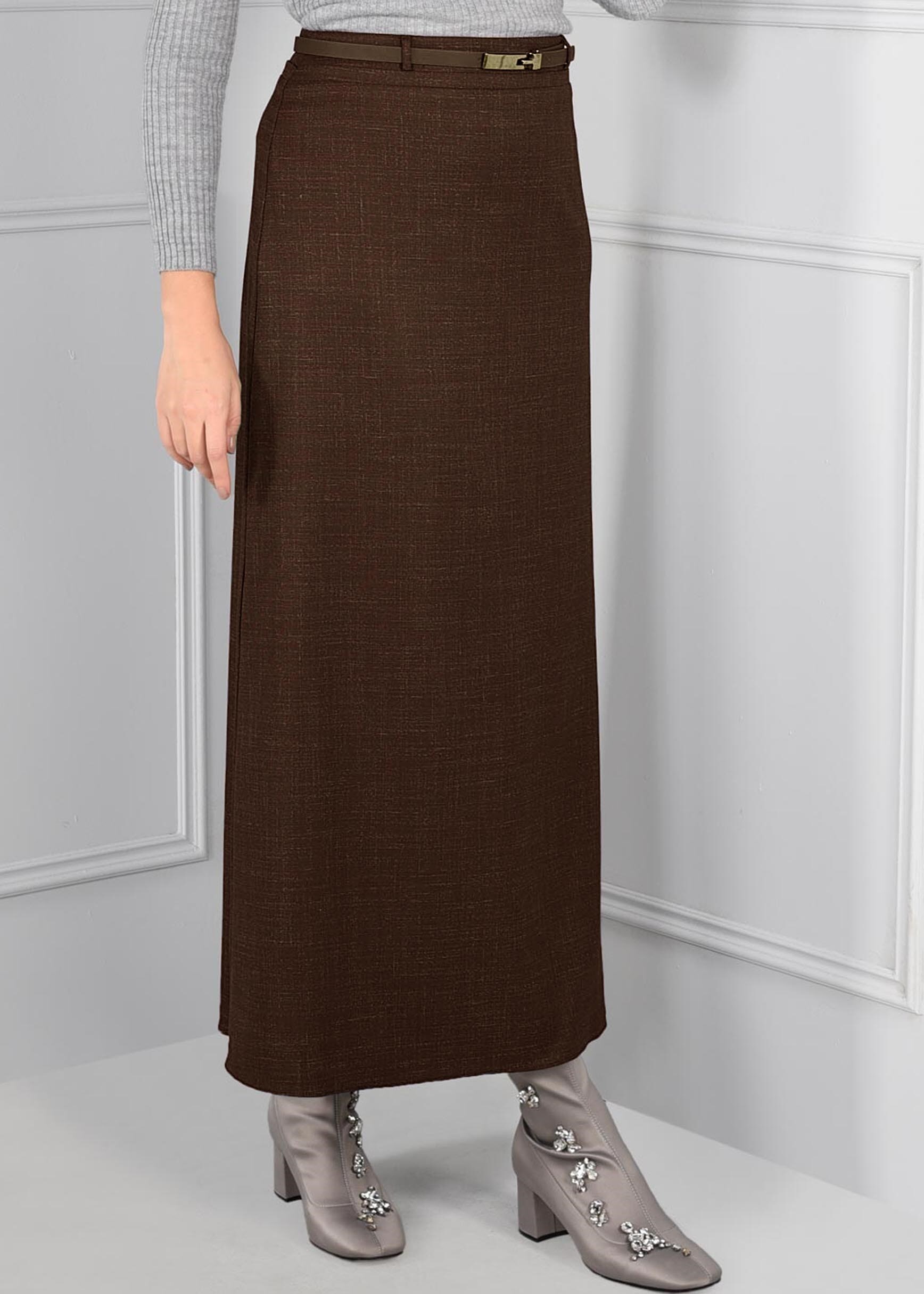 Tesettür giyim KAHVE KEMER DETAYLI ETEK 6112