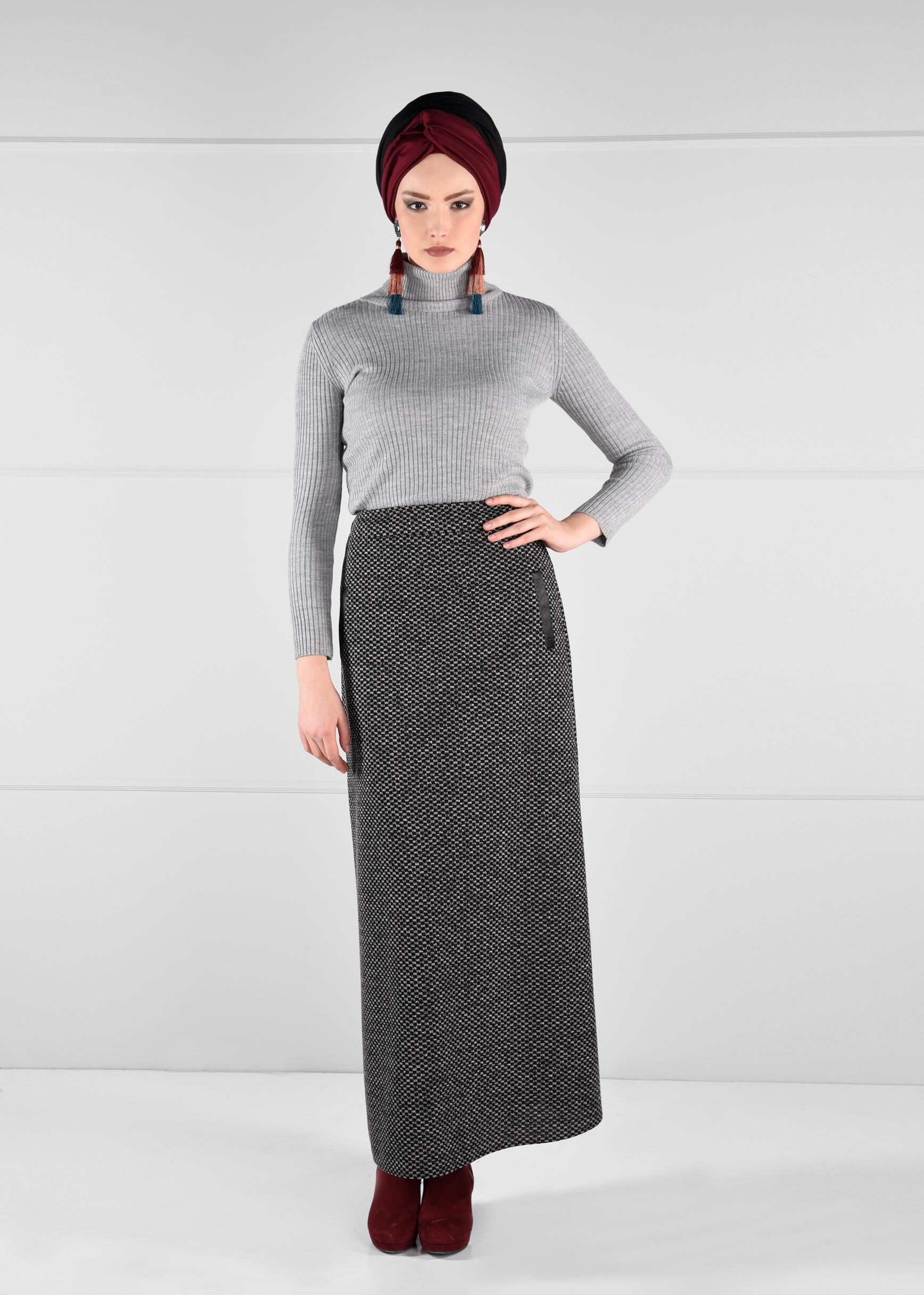 Tesettür giyim SİYAH CEP DETAYLI YÜKSEK BEL ETEK 6114 