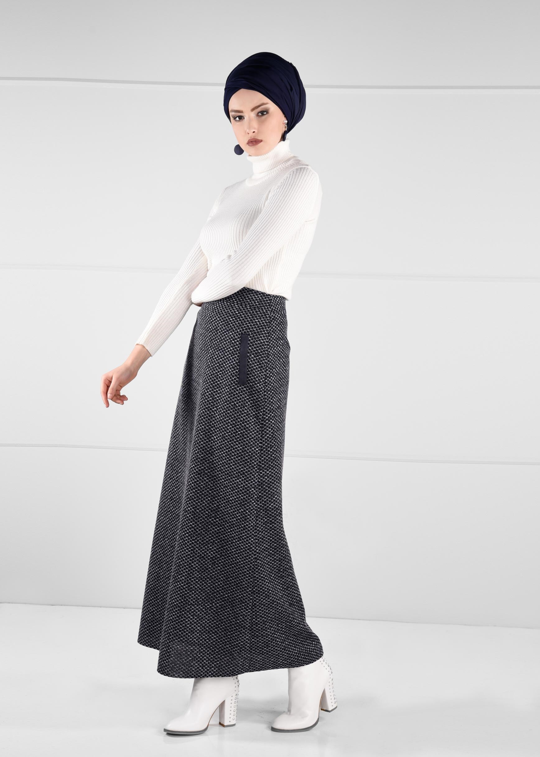 Tesettür giyim LACİVERT CEP DETAYLI YÜKSEK BEL ETEK 6114 