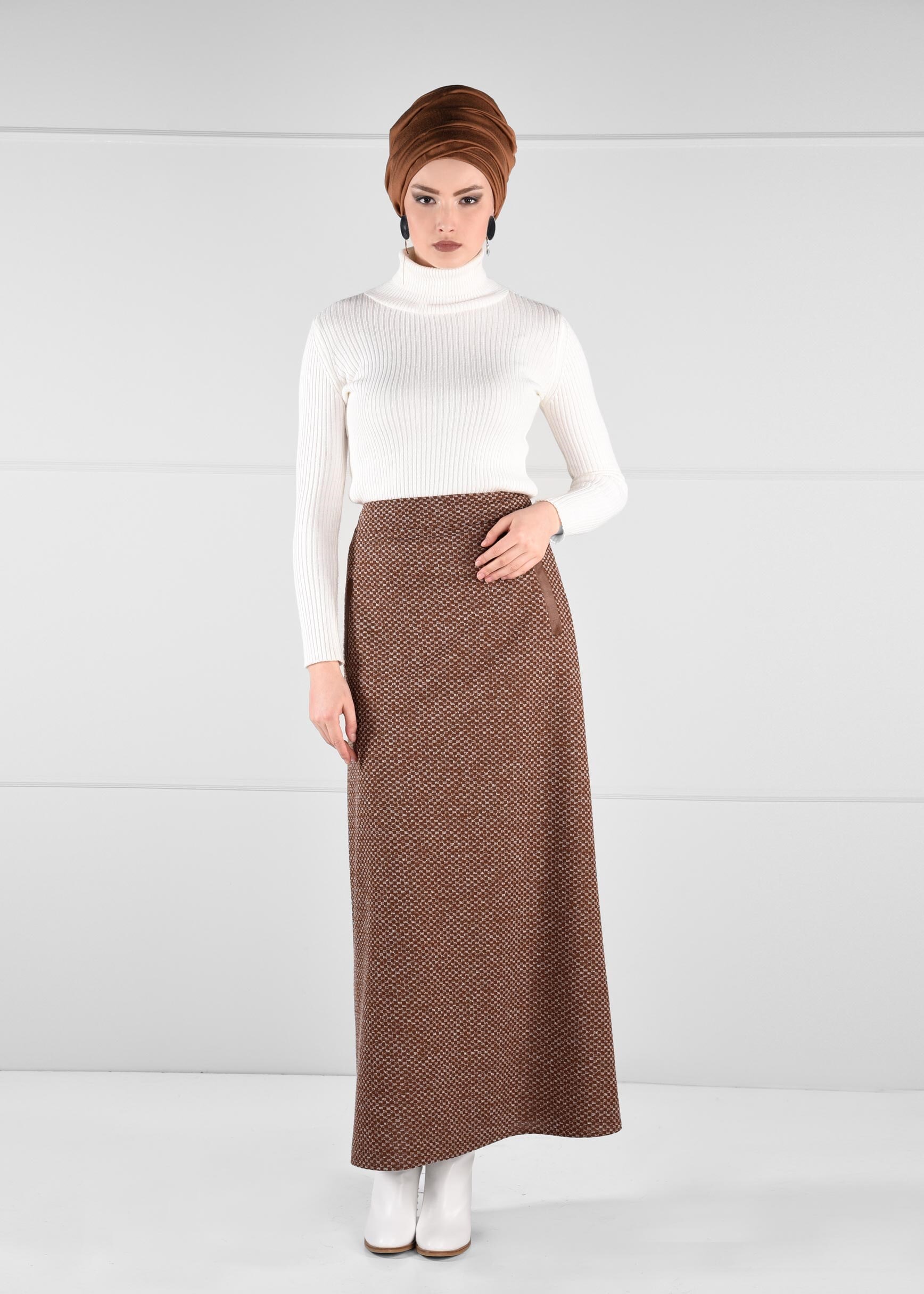 Tesettür giyim KAHVE CEP DETAYLI YÜKSEK BEL ETEK 6114 