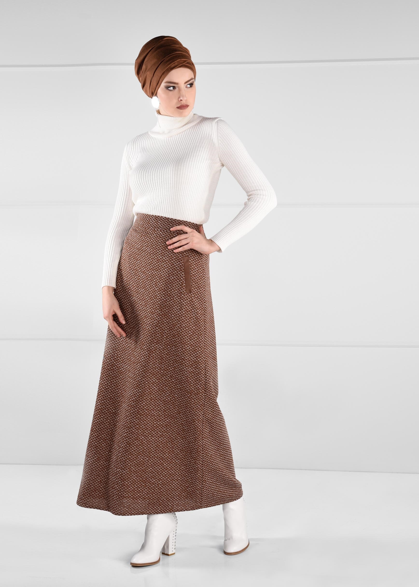 Tesettür giyim KAHVE CEP DETAYLI YÜKSEK BEL ETEK 6114 