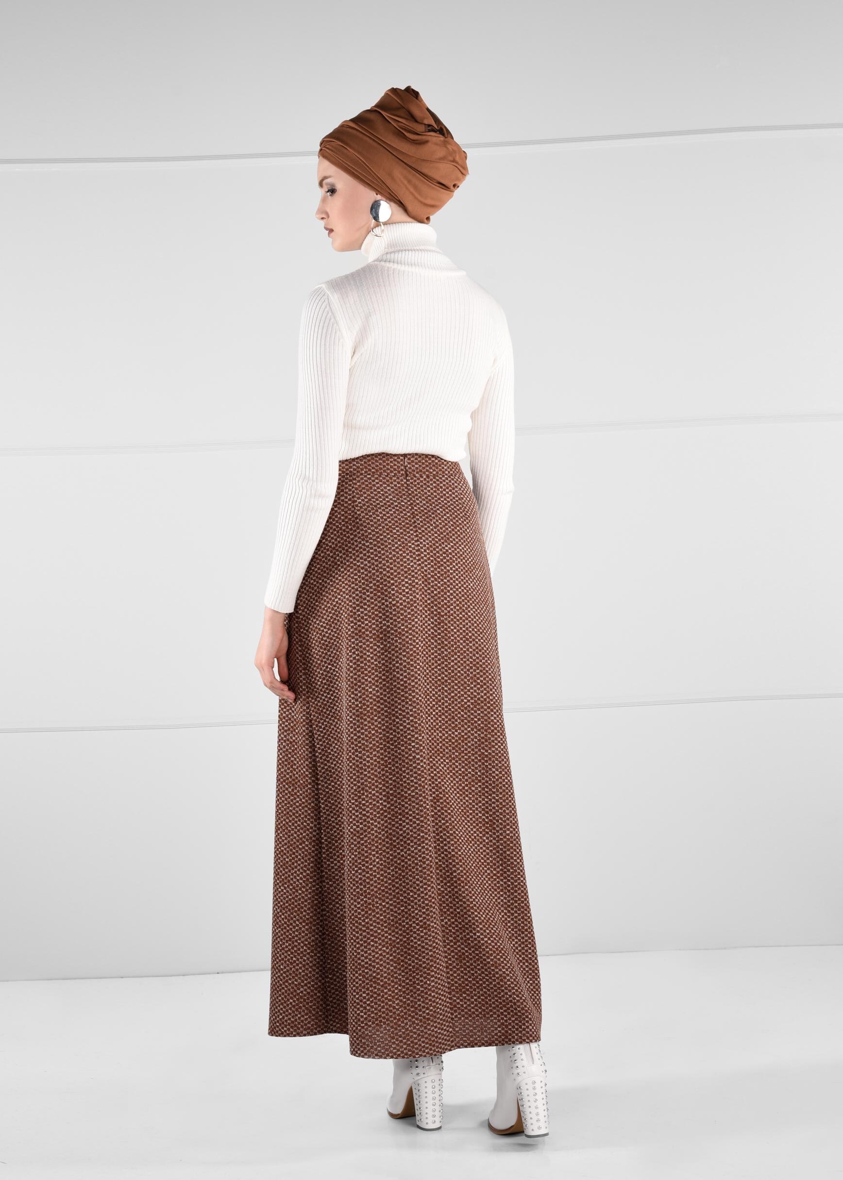 Tesettür giyim KAHVE CEP DETAYLI YÜKSEK BEL ETEK 6114 