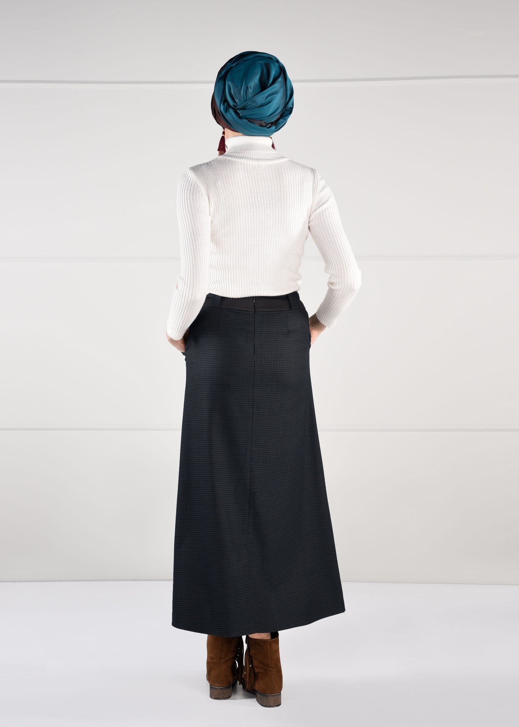 Tesettür giyim KAHVE KARELİ CEPLİ ETEK 6116 