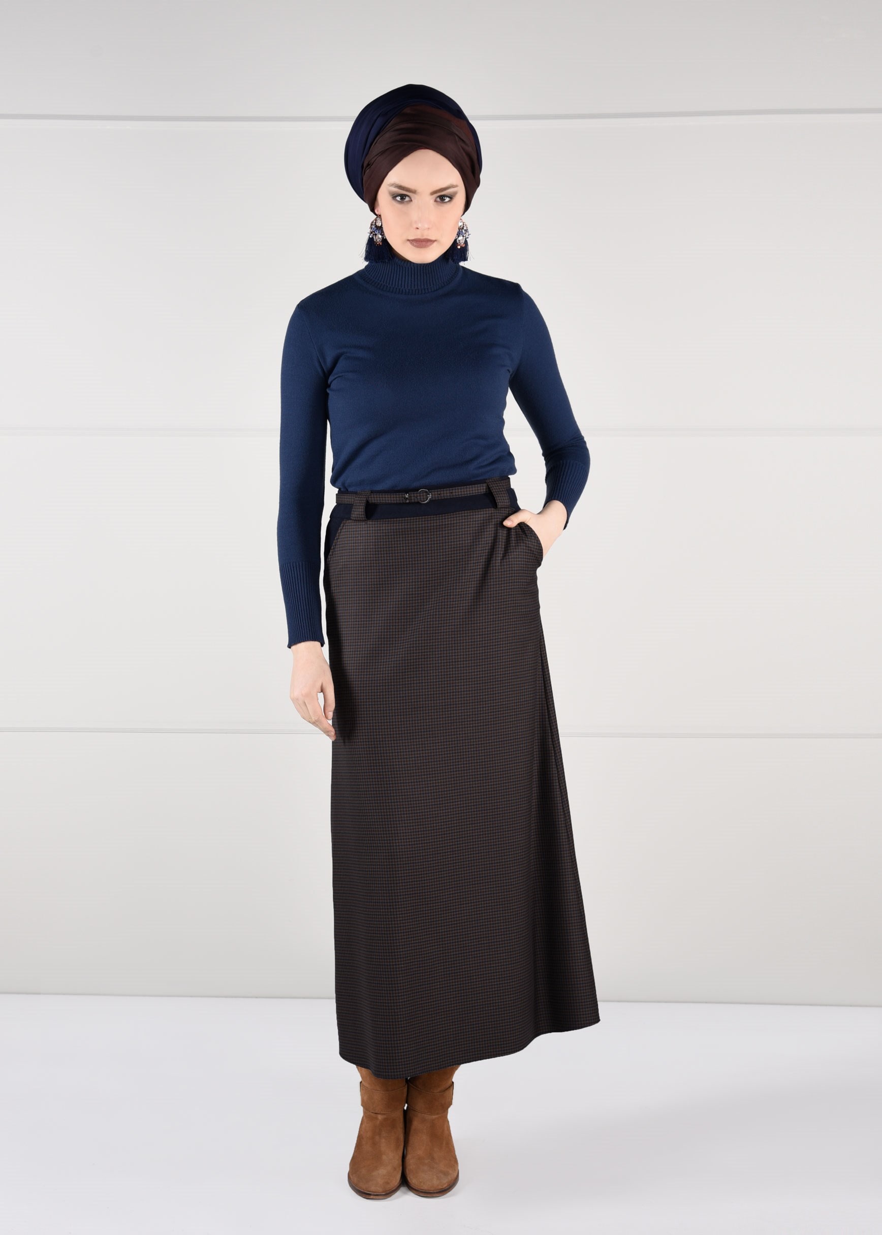 Tesettür giyim VİZON KARELİ CEPLİ ETEK 6116 