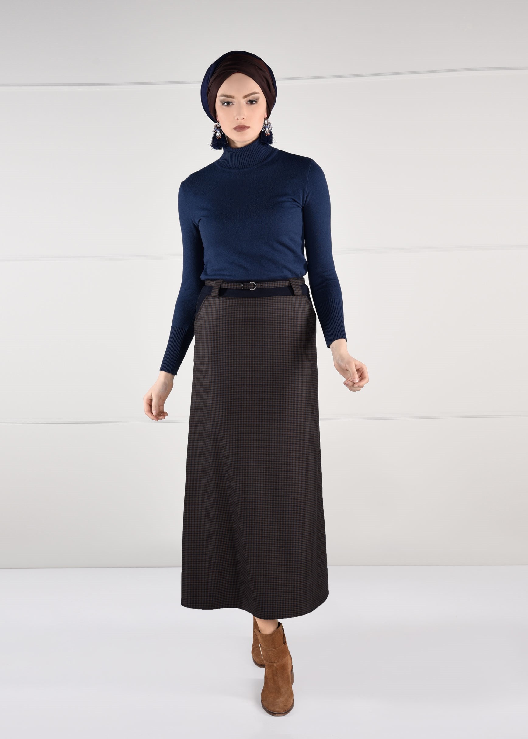 Tesettür giyim VİZON KARELİ CEPLİ ETEK 6116 