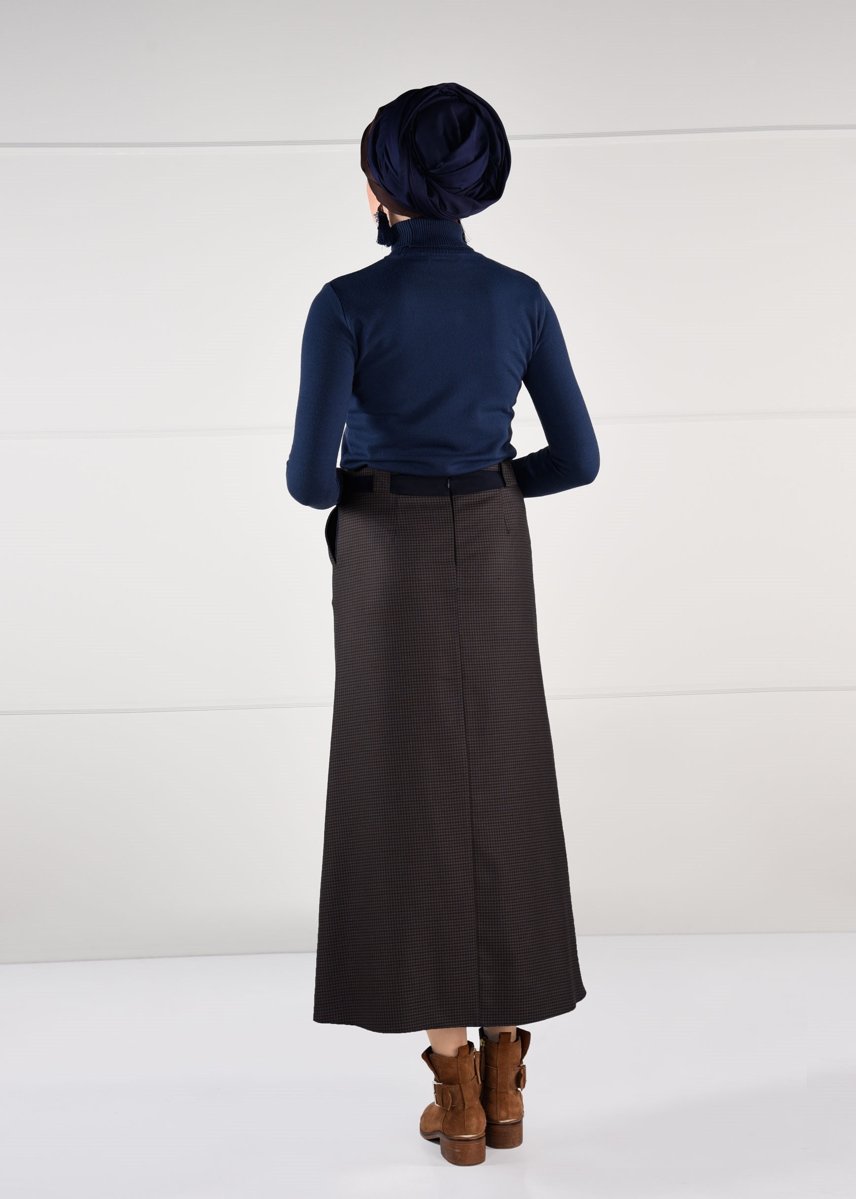 Tesettür giyim VİZON KARELİ CEPLİ ETEK 6116 