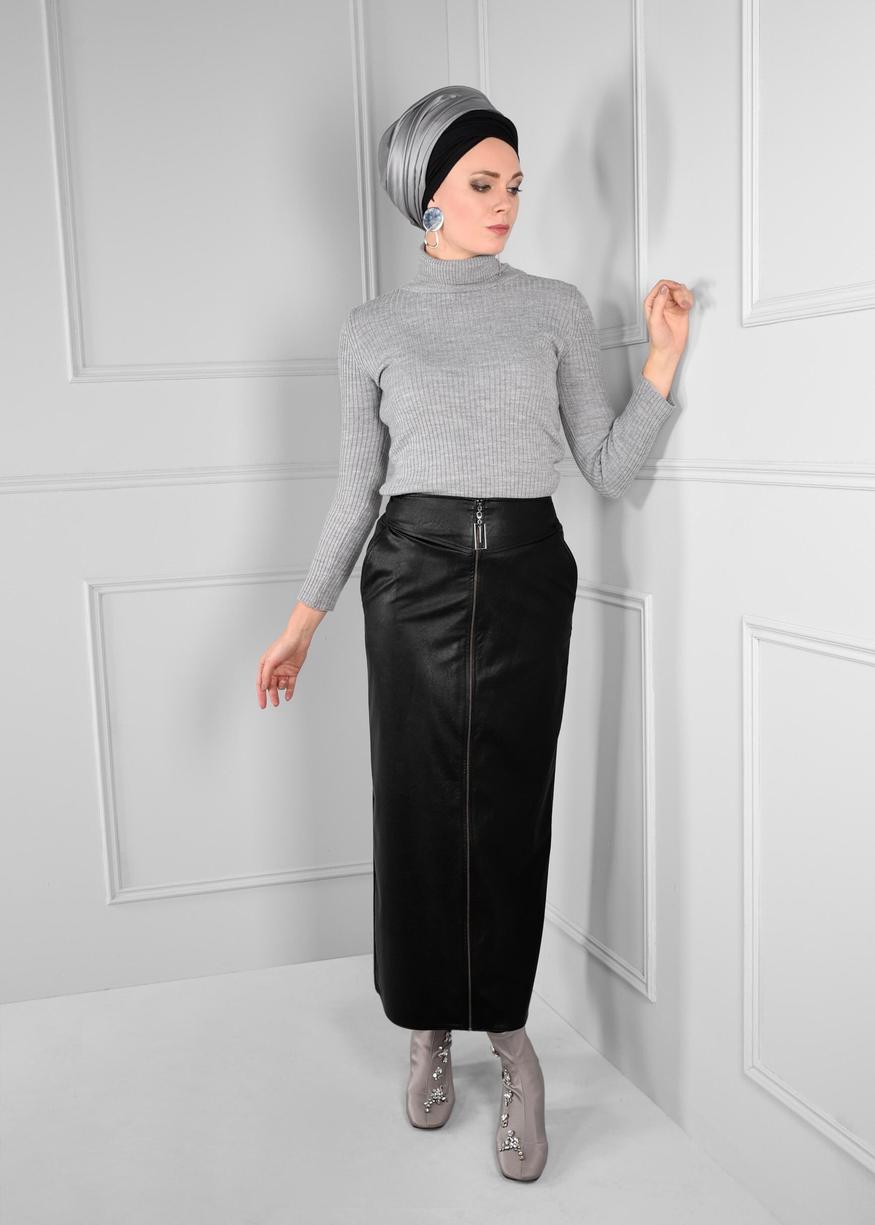 Tesettür giyim SİYAH BOYDAN FERMUAR DETAYLI CEPLİ ETEK 6120