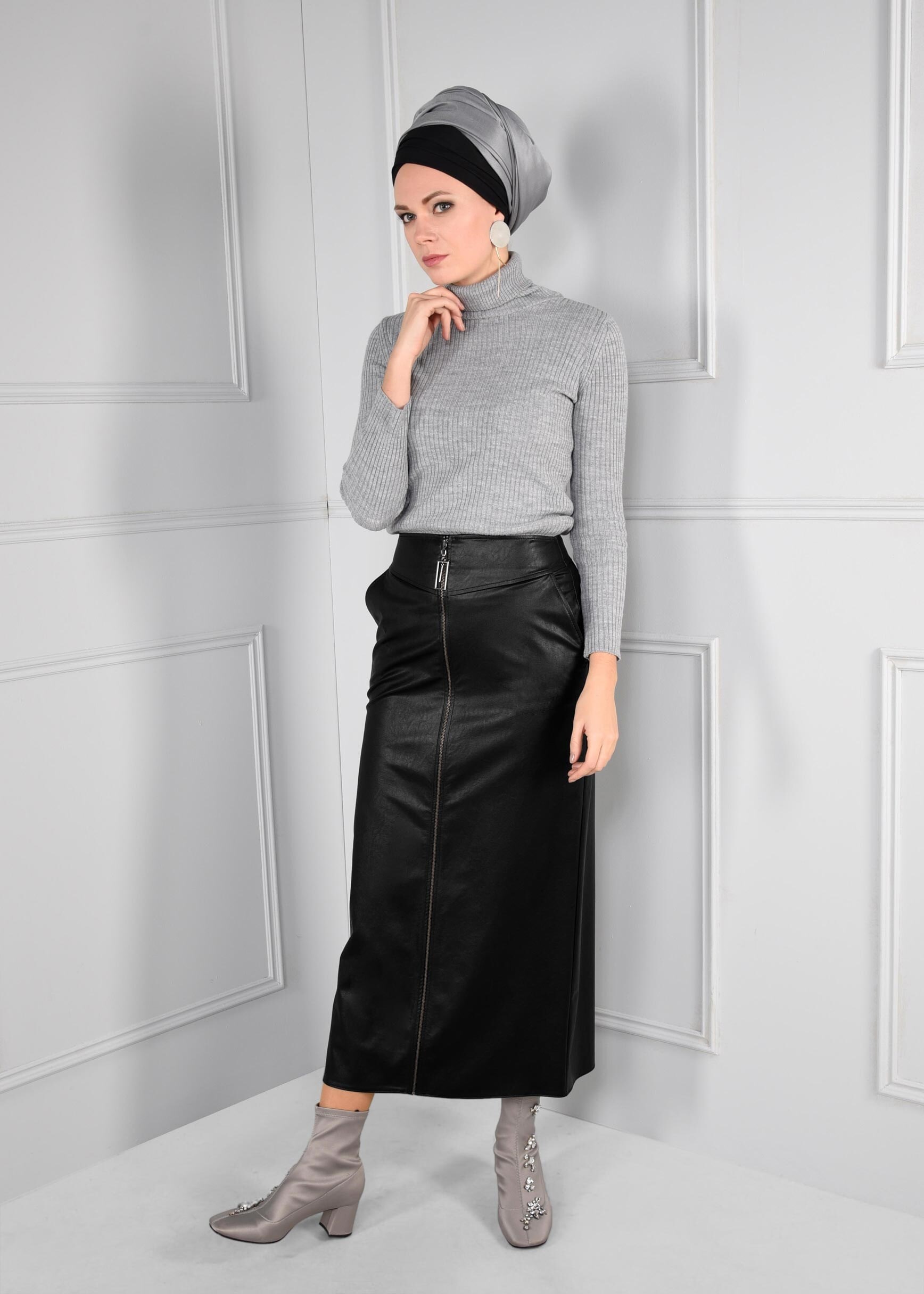 Tesettür giyim SİYAH BOYDAN FERMUAR DETAYLI CEPLİ ETEK 6120