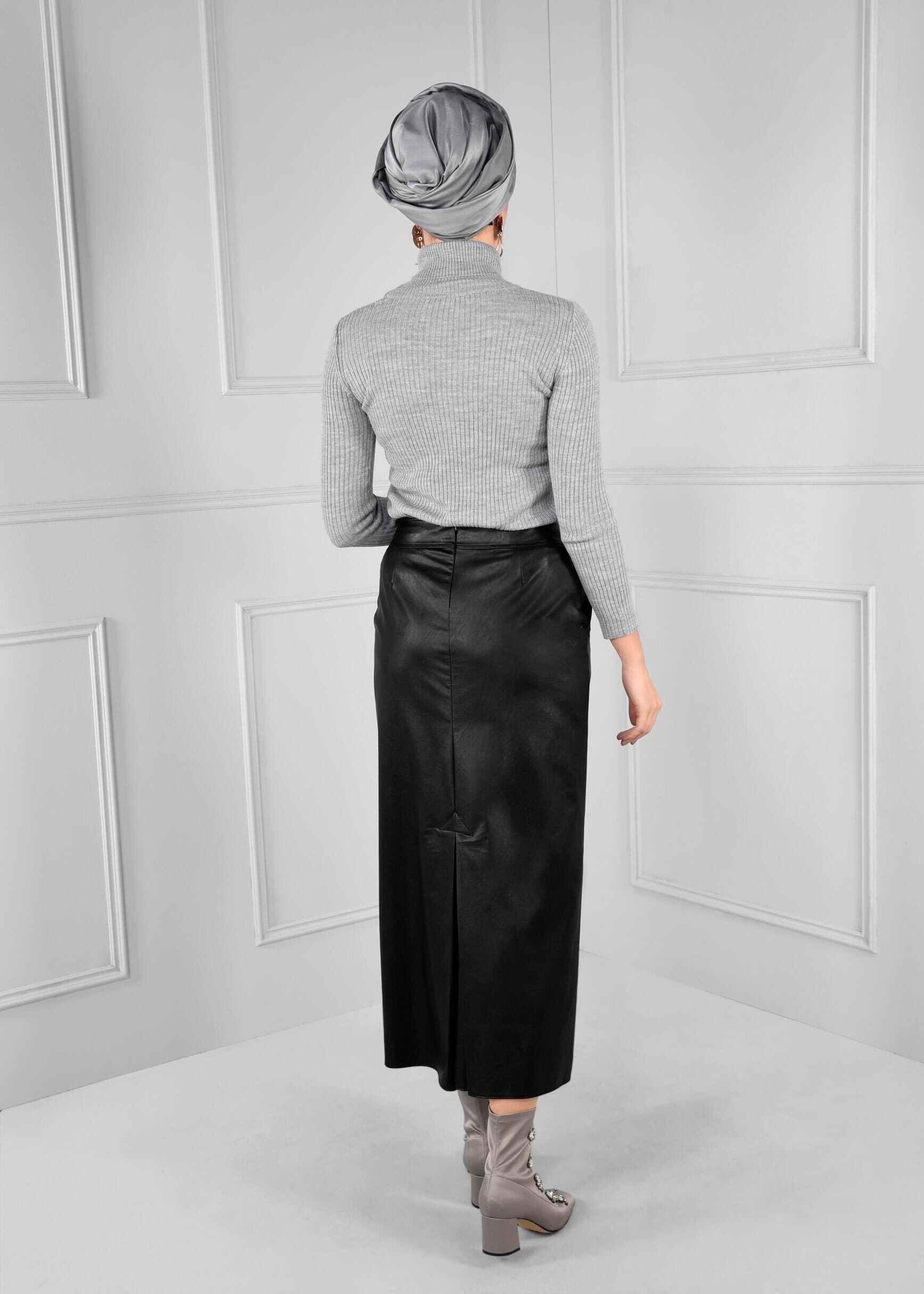 Tesettür giyim SİYAH BOYDAN FERMUAR DETAYLI CEPLİ ETEK 6120