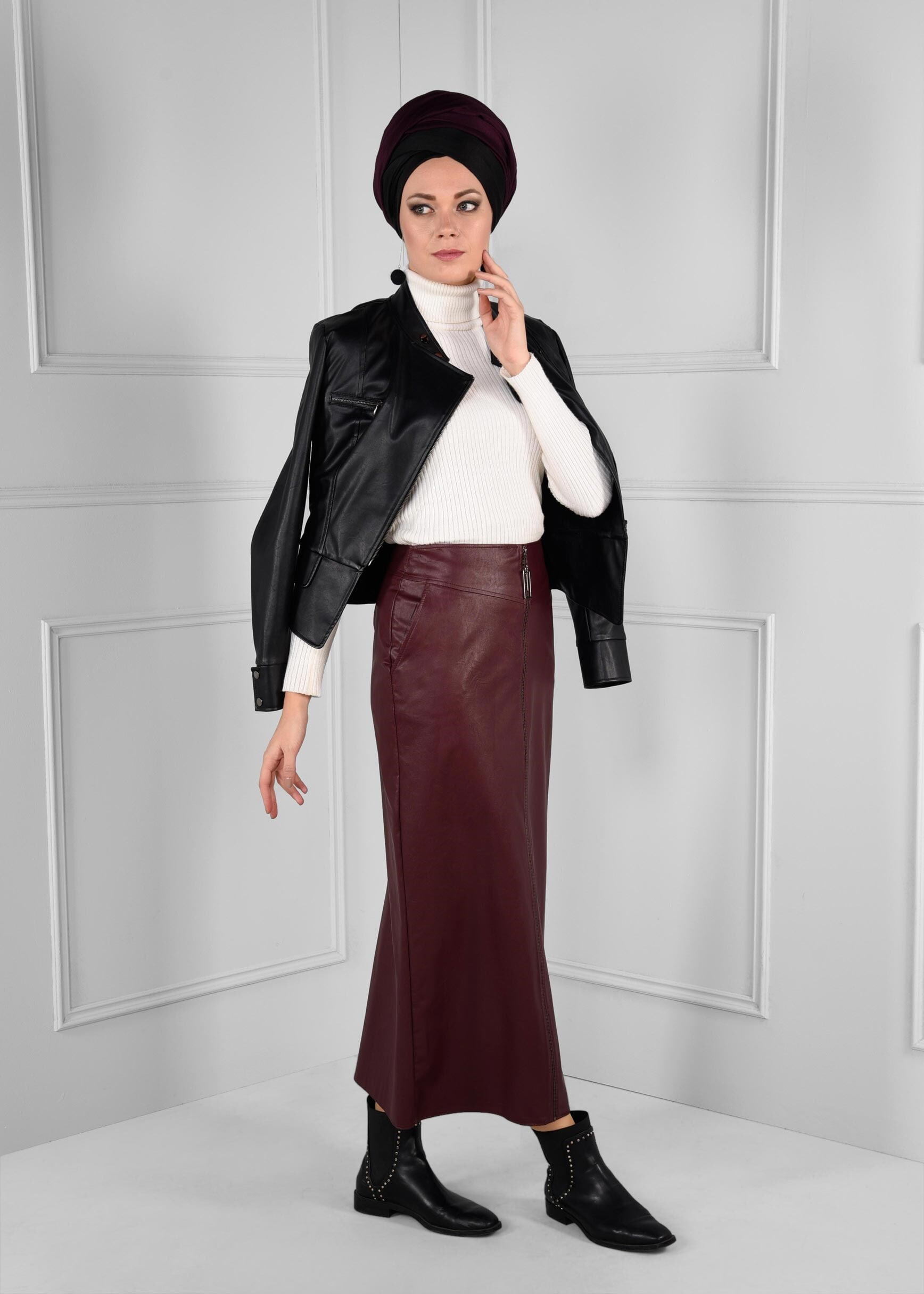 Tesettür giyim BORDO BOYDAN FERMUAR DETAYLI CEPLİ ETEK 6120