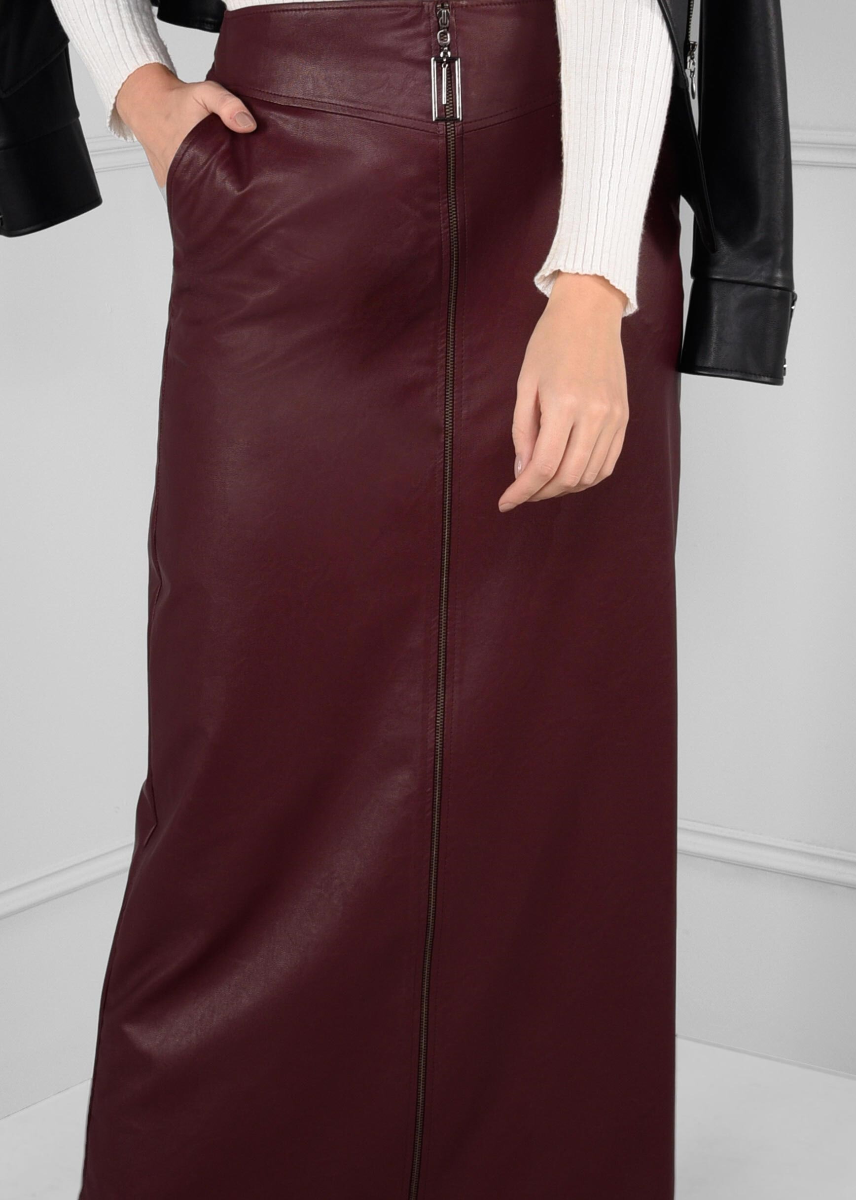 Tesettür giyim BORDO BOYDAN FERMUAR DETAYLI CEPLİ ETEK 6120