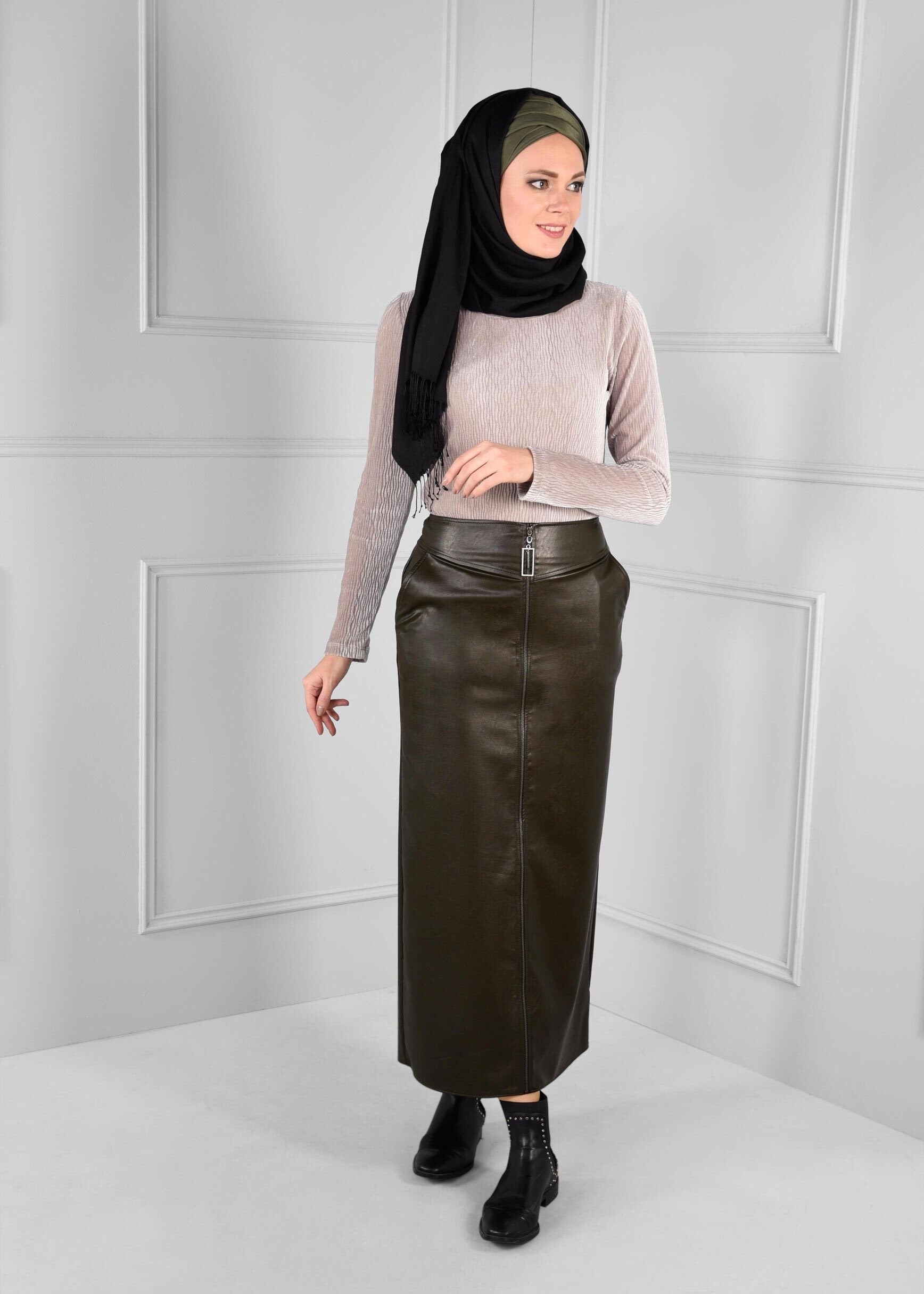 Tesettür giyim HAKİ BOYDAN FERMUAR DETAYLI CEPLİ ETEK 6120