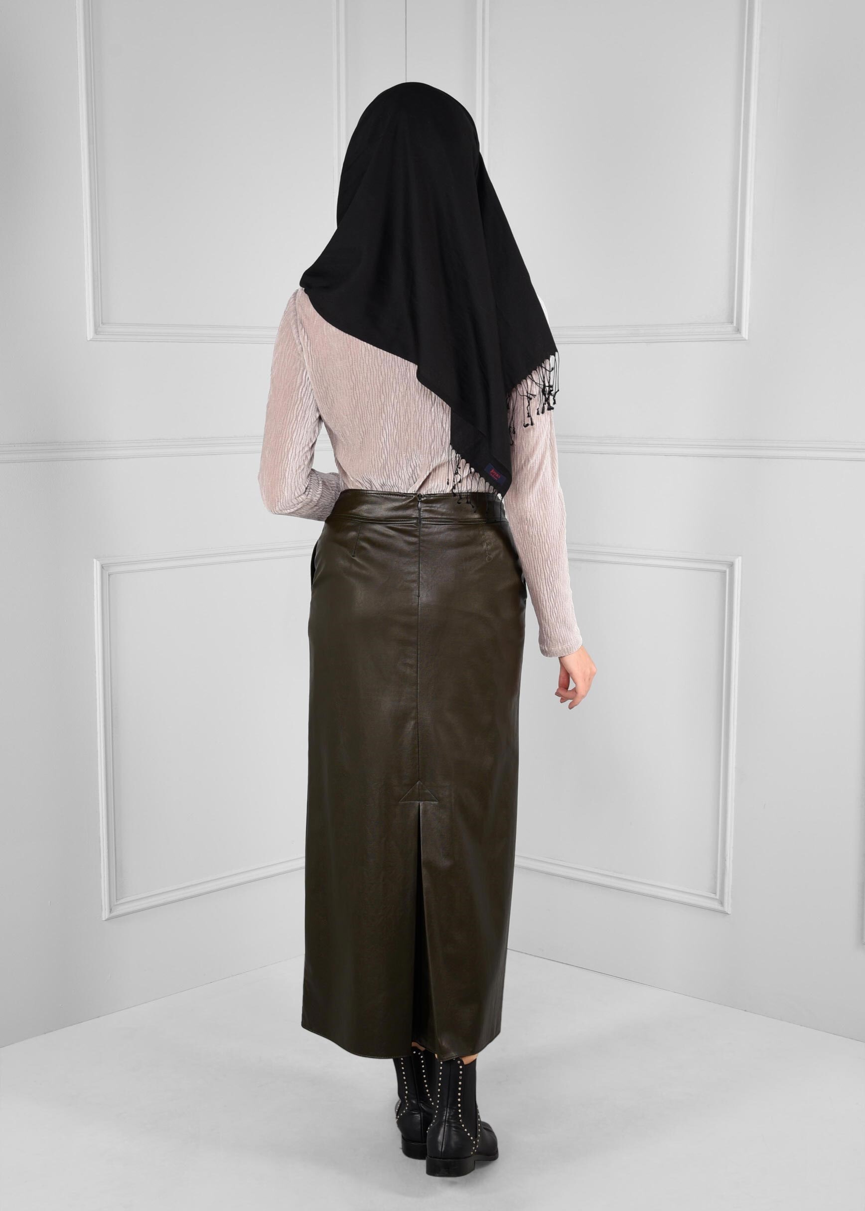 Tesettür giyim HAKİ BOYDAN FERMUAR DETAYLI CEPLİ ETEK 6120