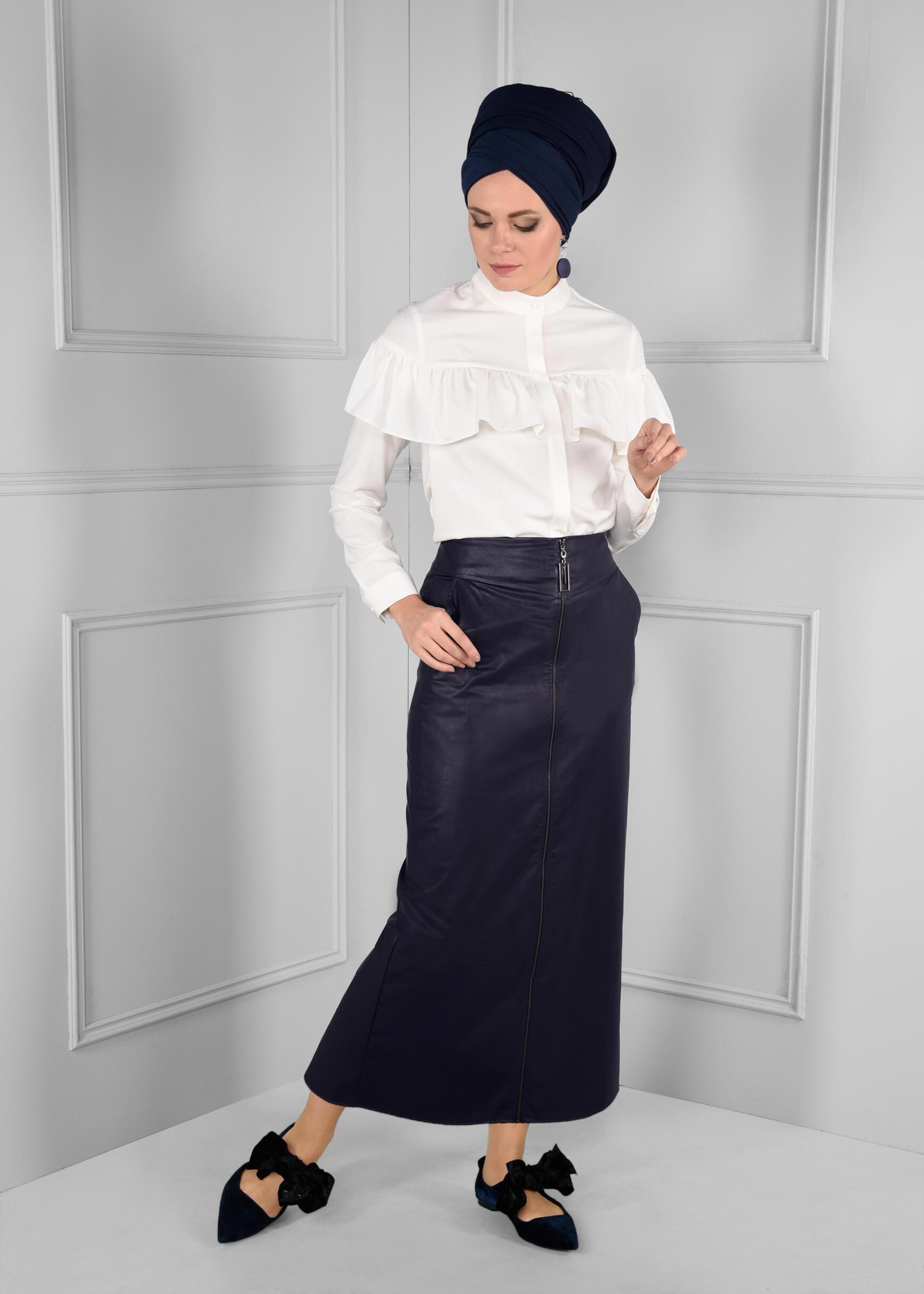 Tesettür giyim LACİVERT BOYDAN FERMUAR DETAYLI CEPLİ ETEK 6120