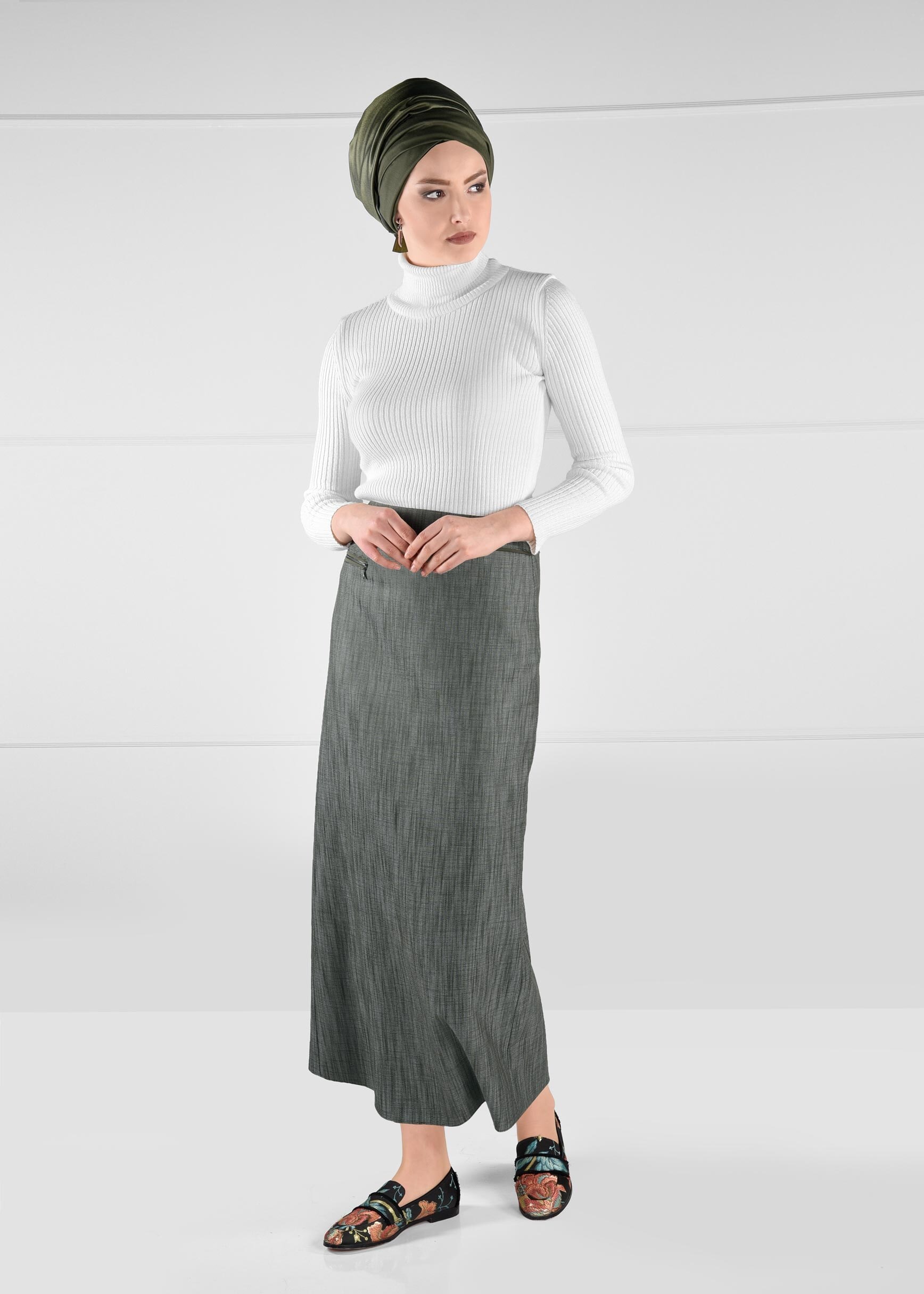 Tesettür giyim HAKİ FERMUAR DETAYLI DÜZ KESİM ETEK 6122 