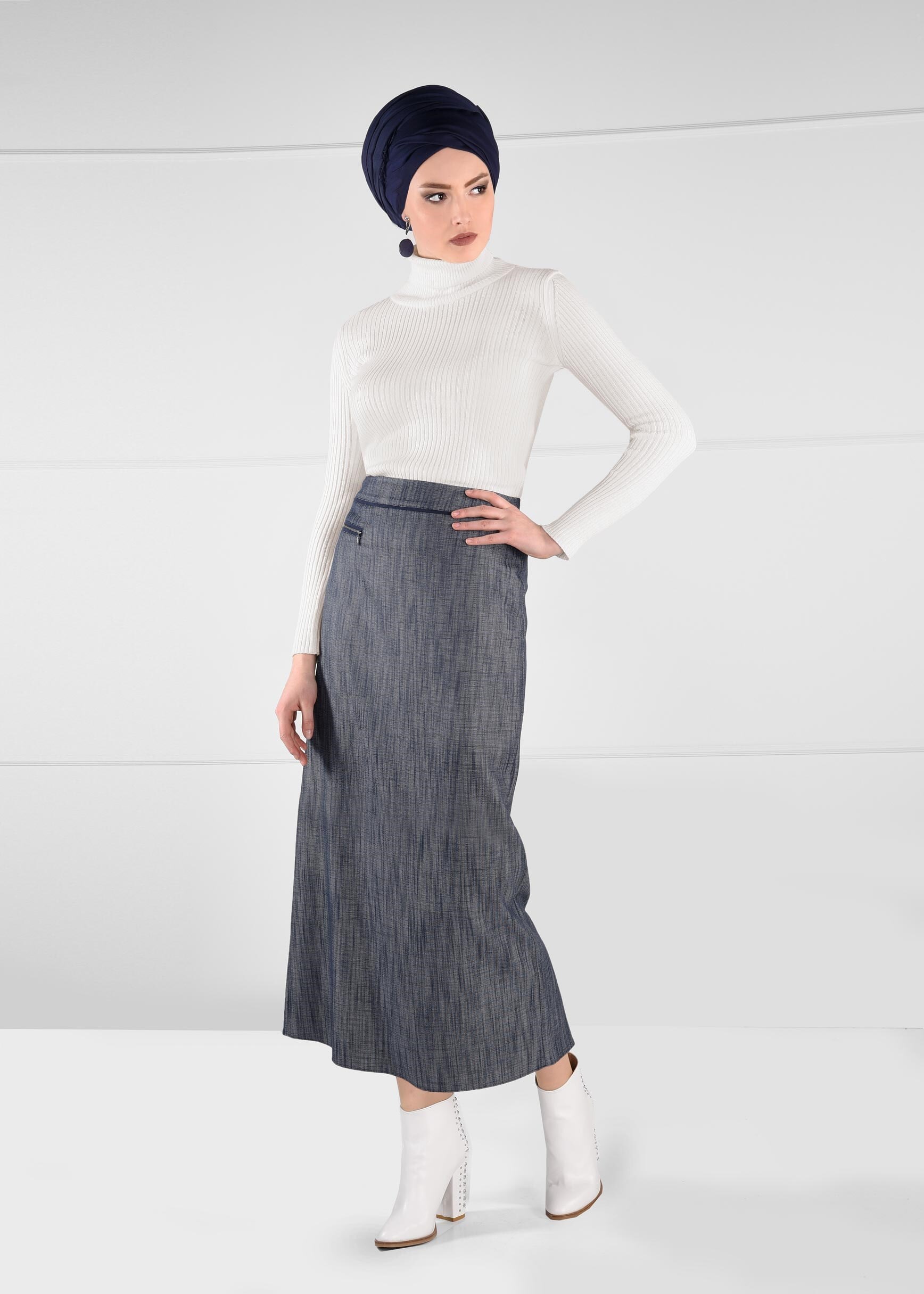 Tesettür giyim LACİVERT FERMUAR DETAYLI DÜZ KESİM ETEK 6122 