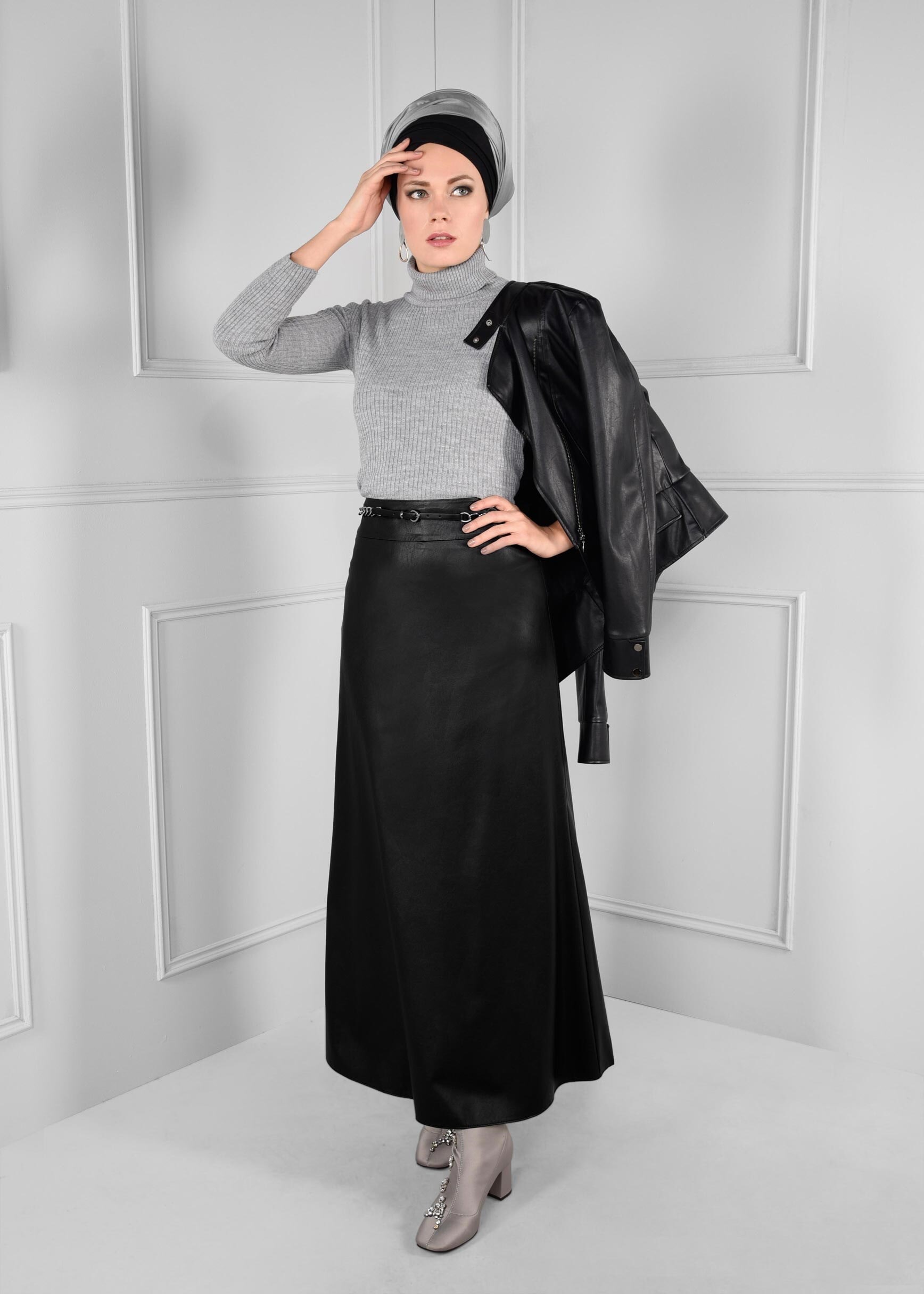 Tesettür giyim SİYAH ZİNCİR KEMER DETAYLI ETEK 6123