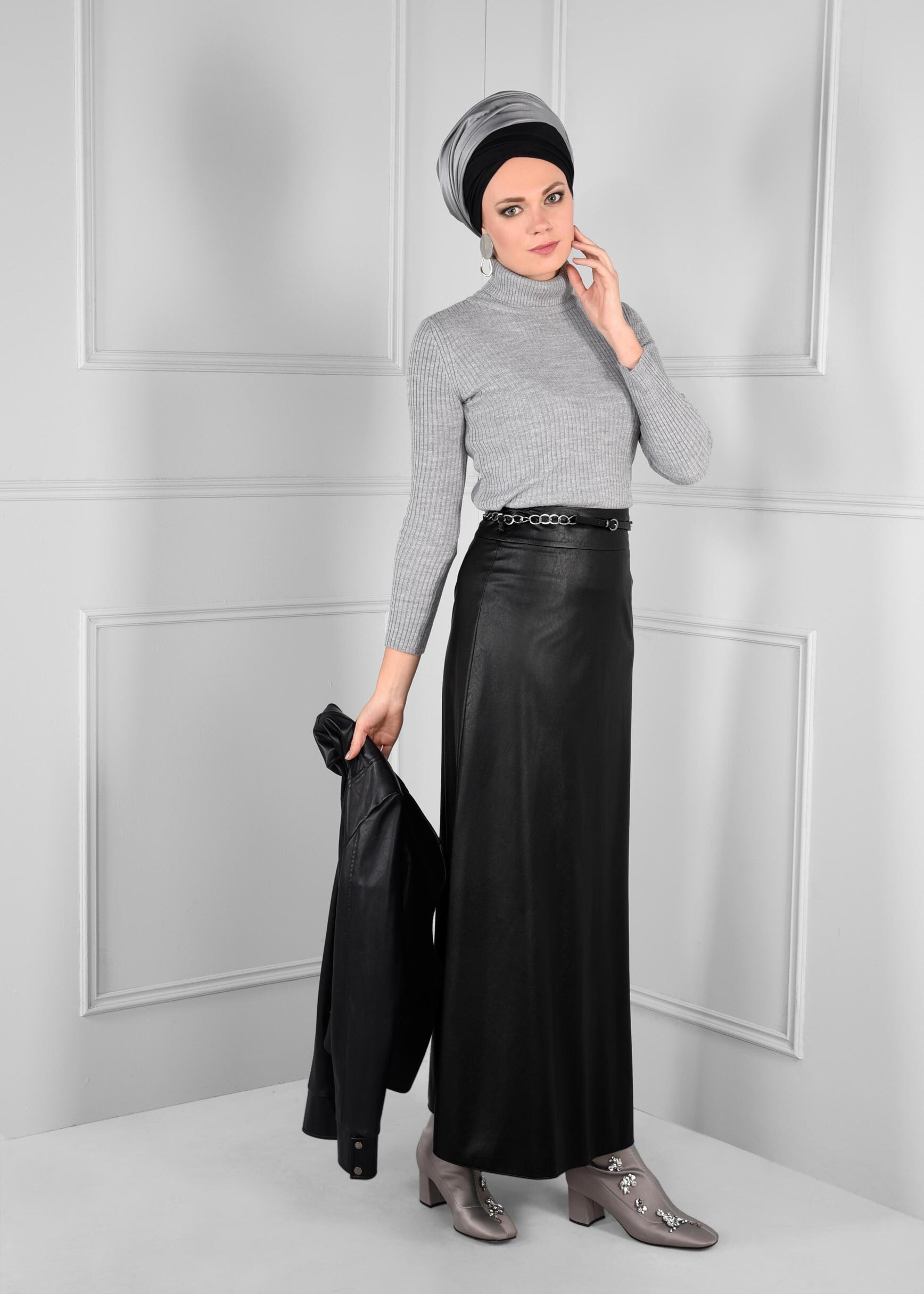 Tesettür giyim SİYAH ZİNCİR KEMER DETAYLI ETEK 6123