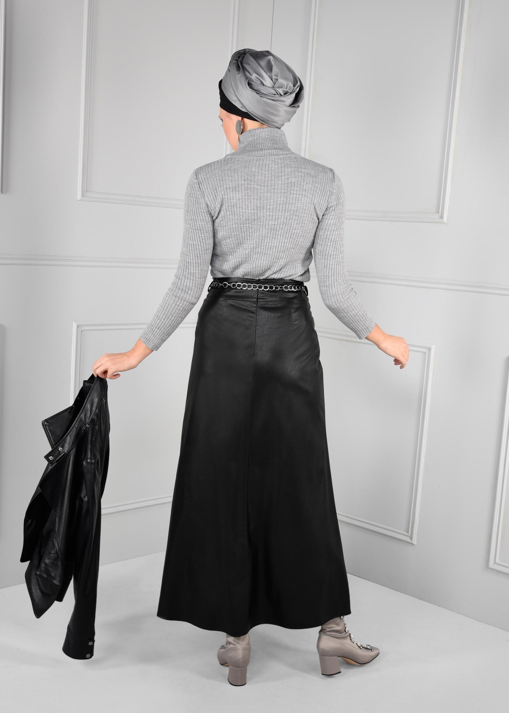 Tesettür giyim SİYAH ZİNCİR KEMER DETAYLI ETEK 6123