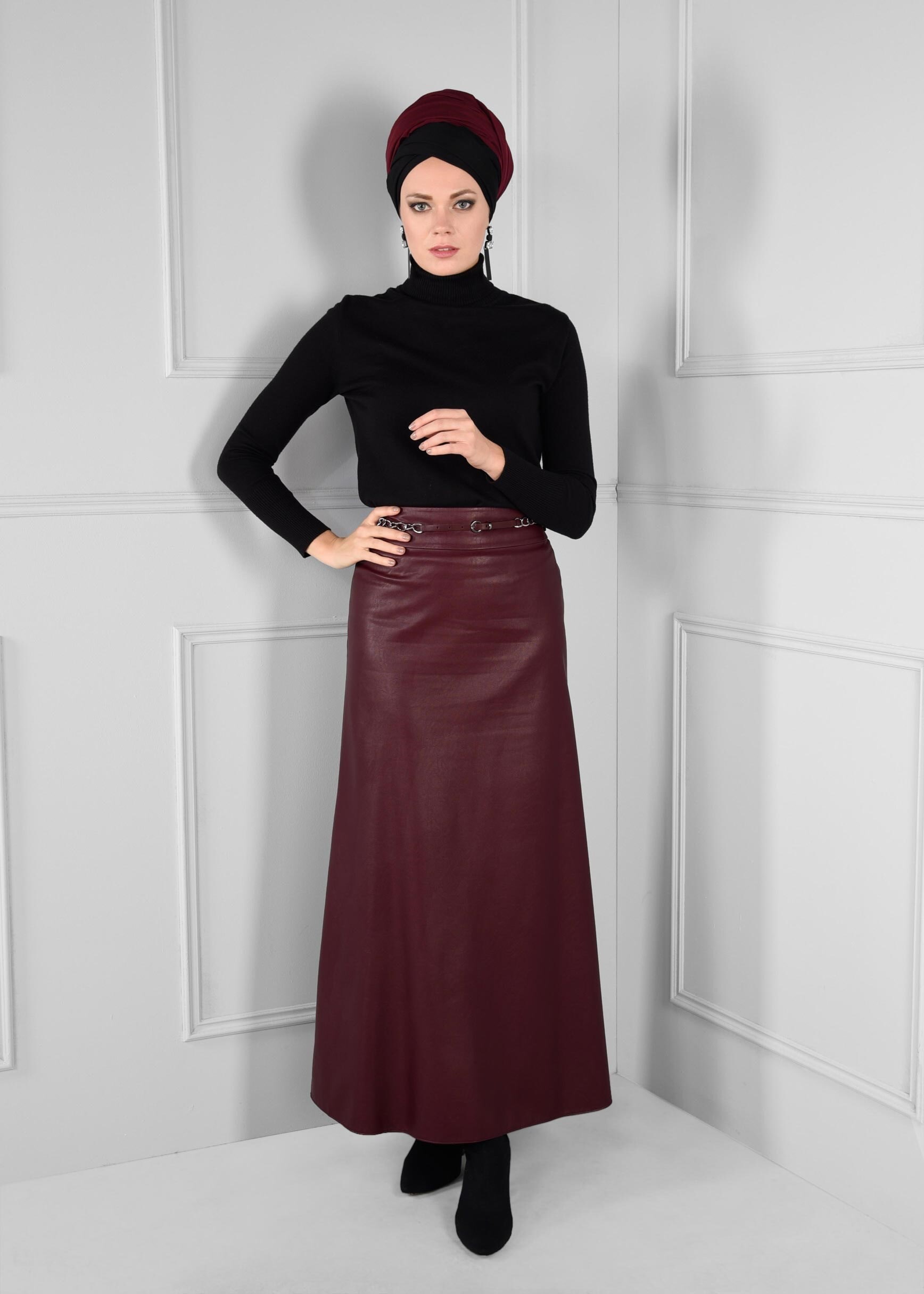 Tesettür giyim BORDO ZİNCİR KEMER DETAYLI ETEK 6123
