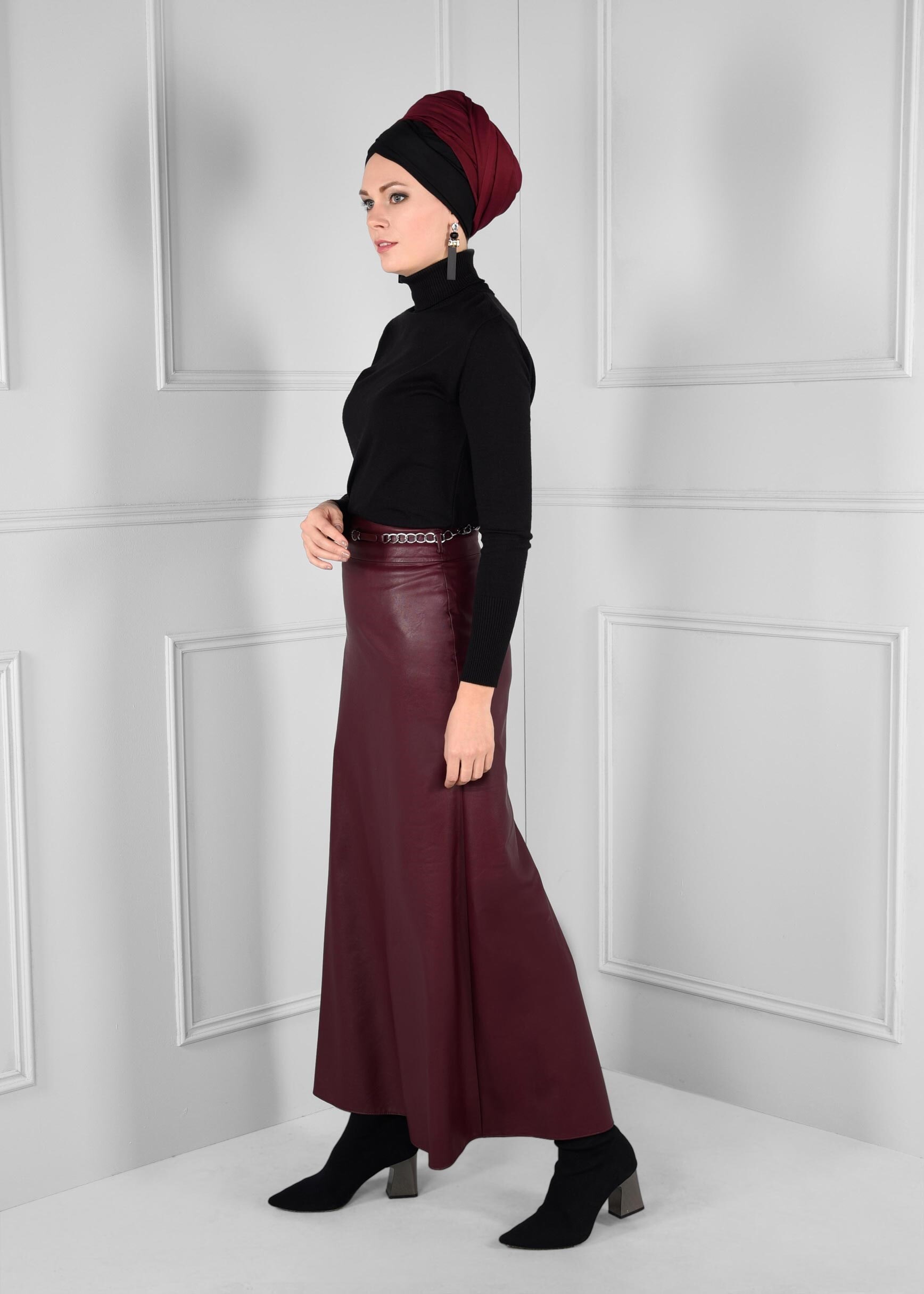 Tesettür giyim BORDO ZİNCİR KEMER DETAYLI ETEK 6123
