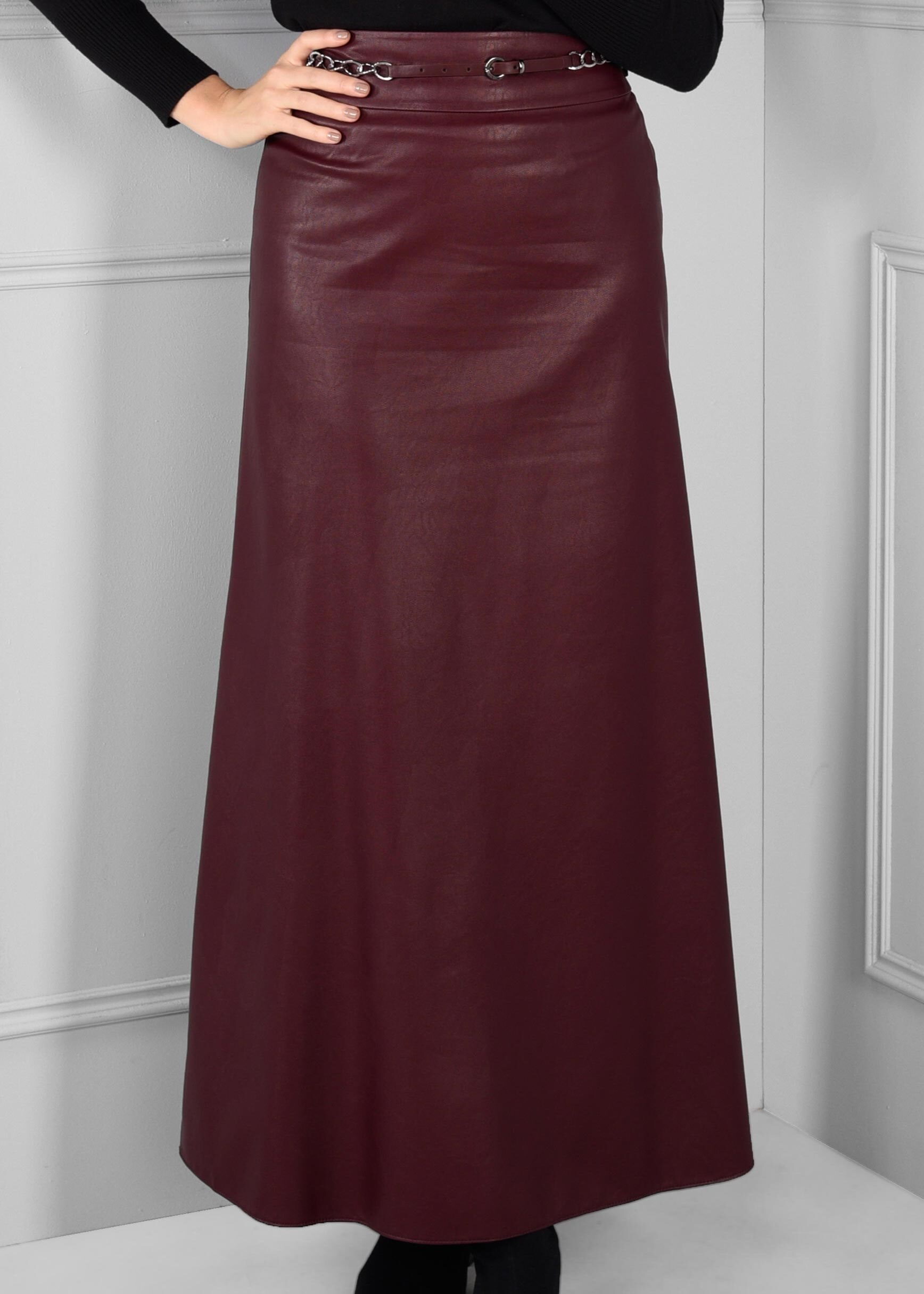 Tesettür giyim BORDO ZİNCİR KEMER DETAYLI ETEK 6123