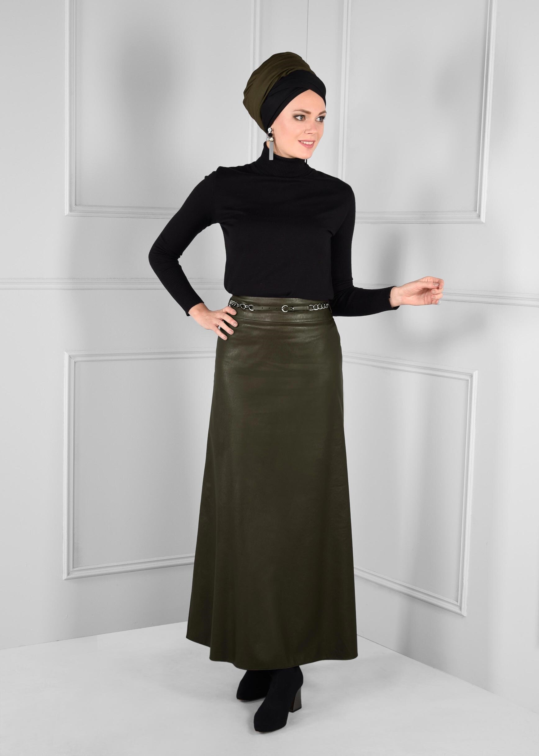 Tesettür giyim HAKİ ZİNCİR KEMER DETAYLI ETEK 6123