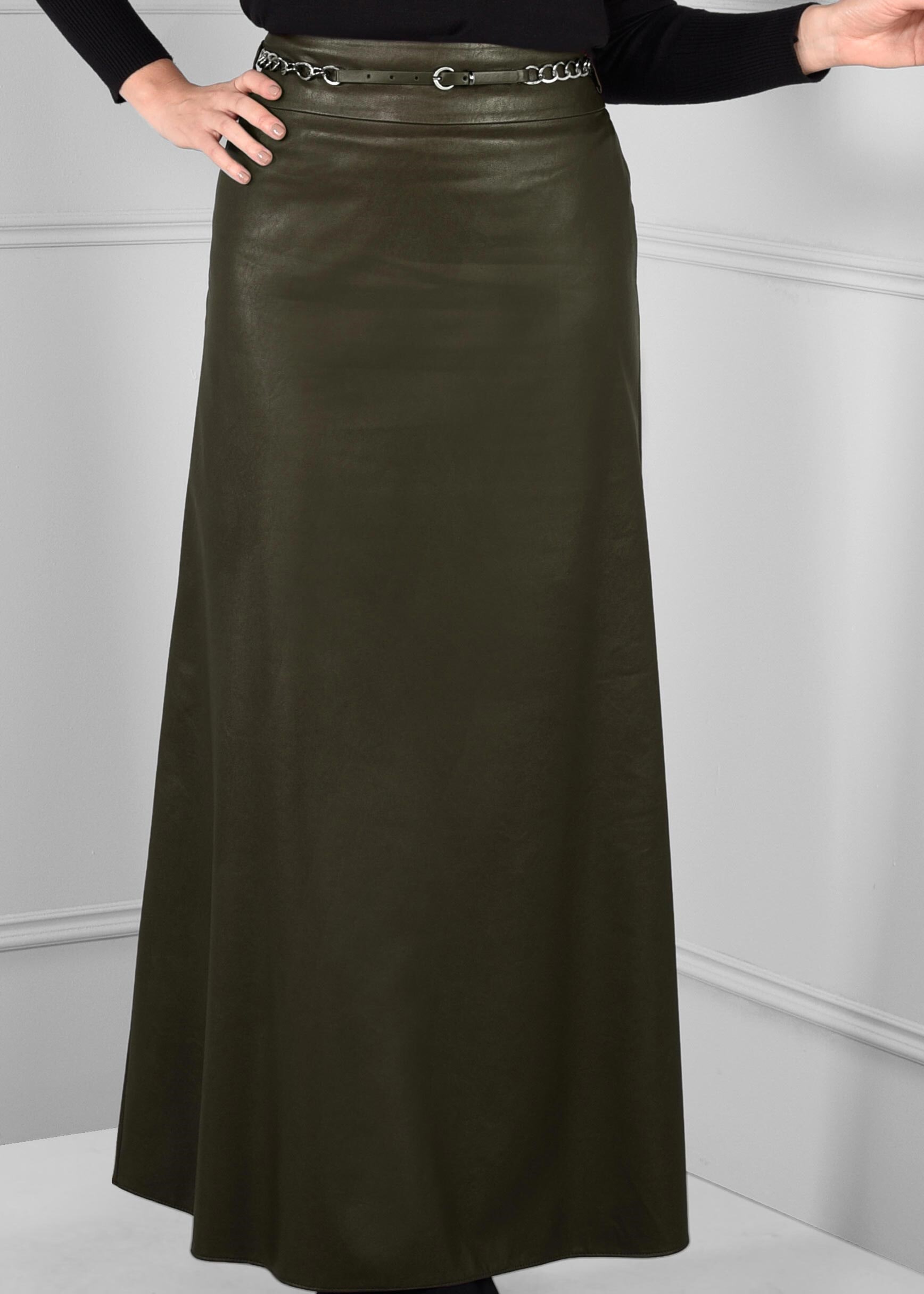 Tesettür giyim HAKİ ZİNCİR KEMER DETAYLI ETEK 6123