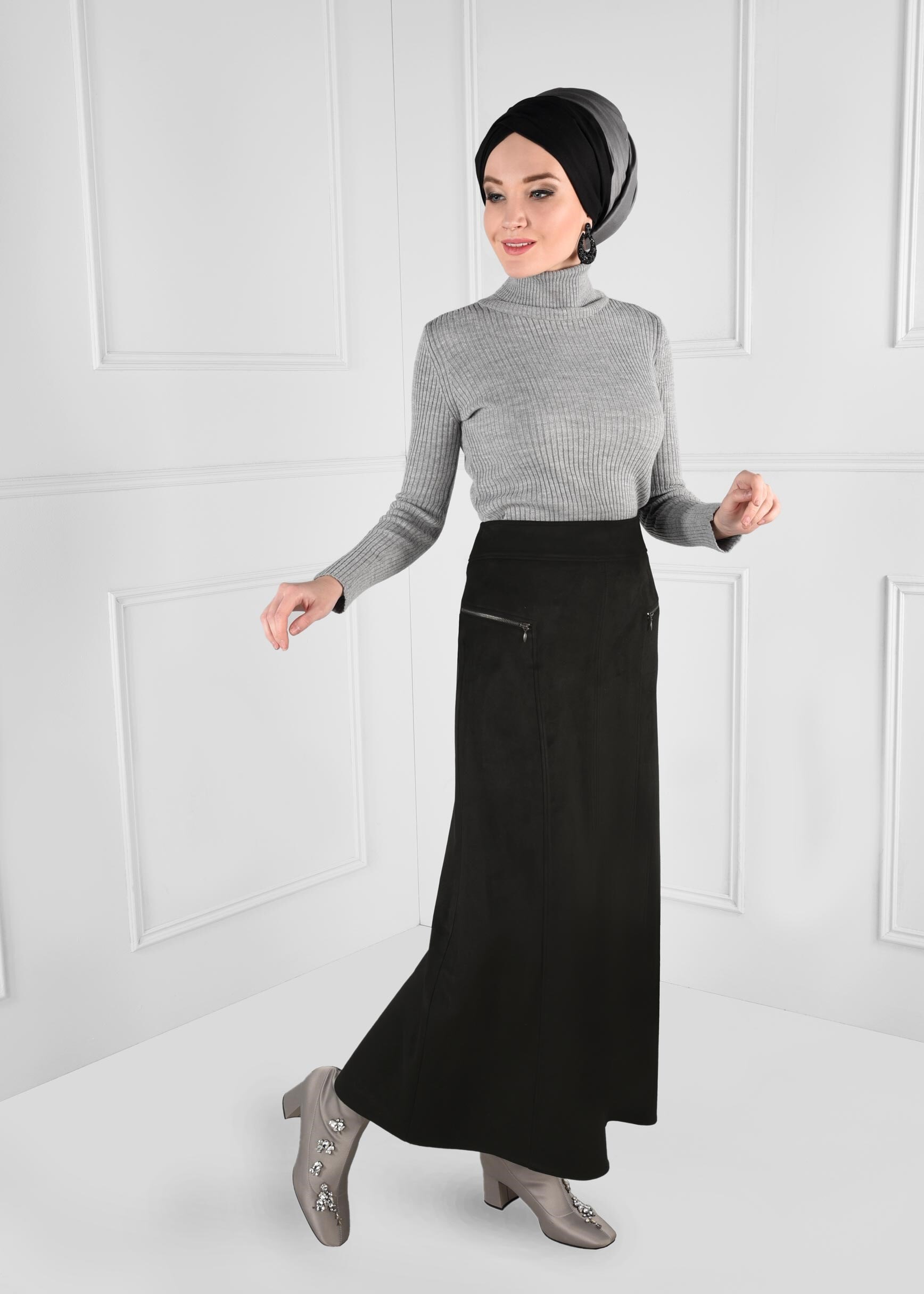 Tesettür giyim SİYAH FERMUAR DETAYLI YÜKSEK BEL SÜET ETEK 6124
