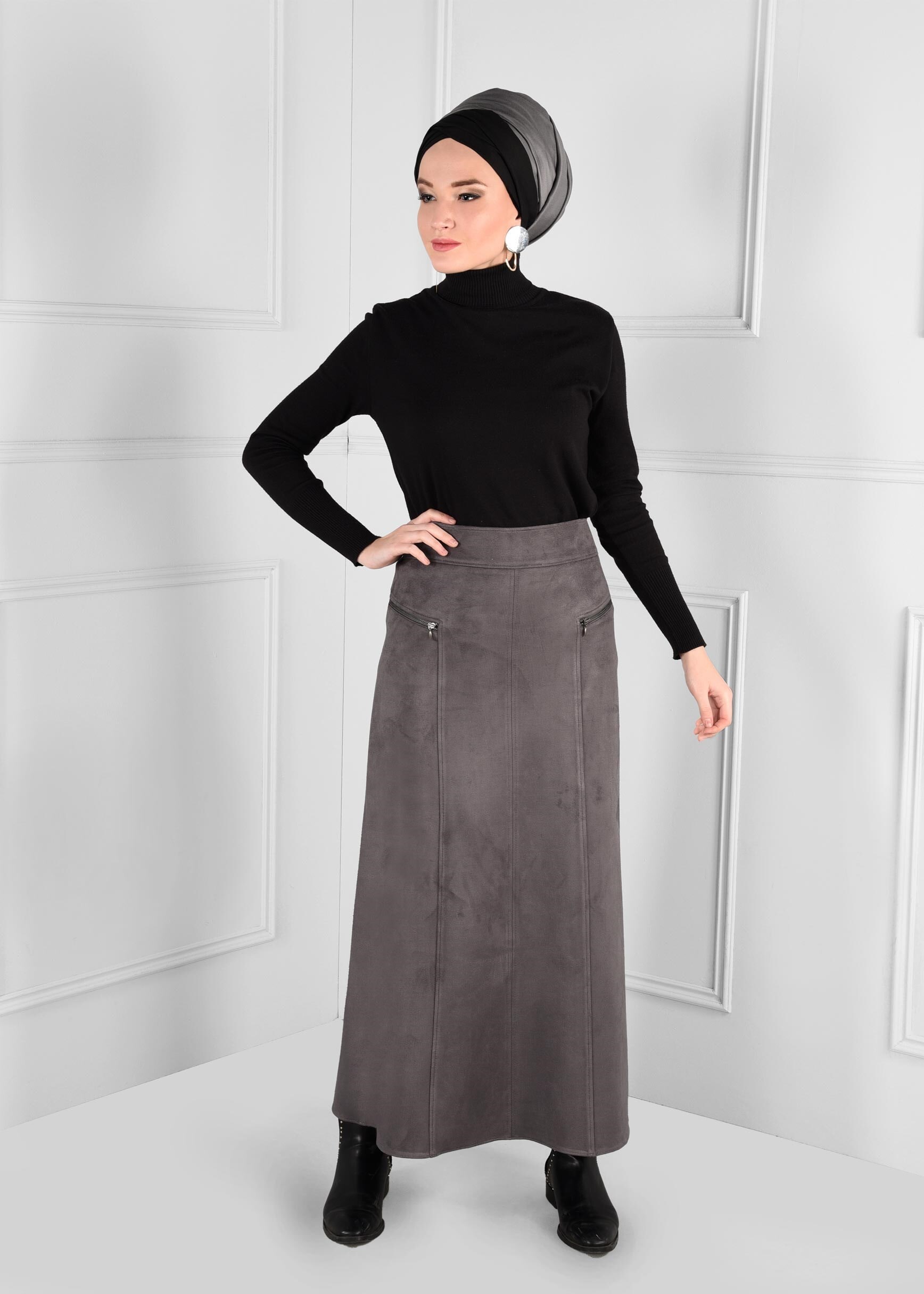Tesettür giyim GRİ FERMUAR DETAYLI YÜKSEK BEL SÜET ETEK 6124