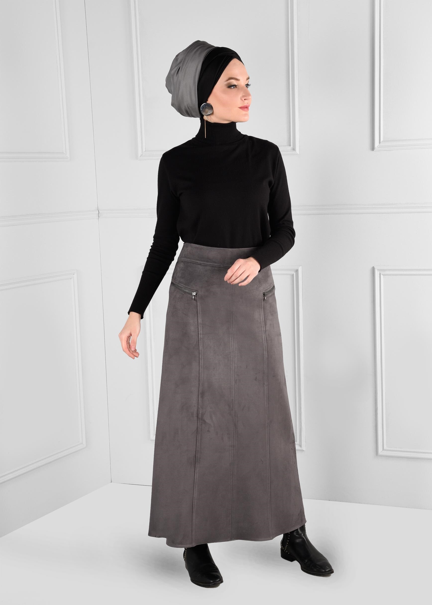 Tesettür giyim GRİ FERMUAR DETAYLI YÜKSEK BEL SÜET ETEK 6124