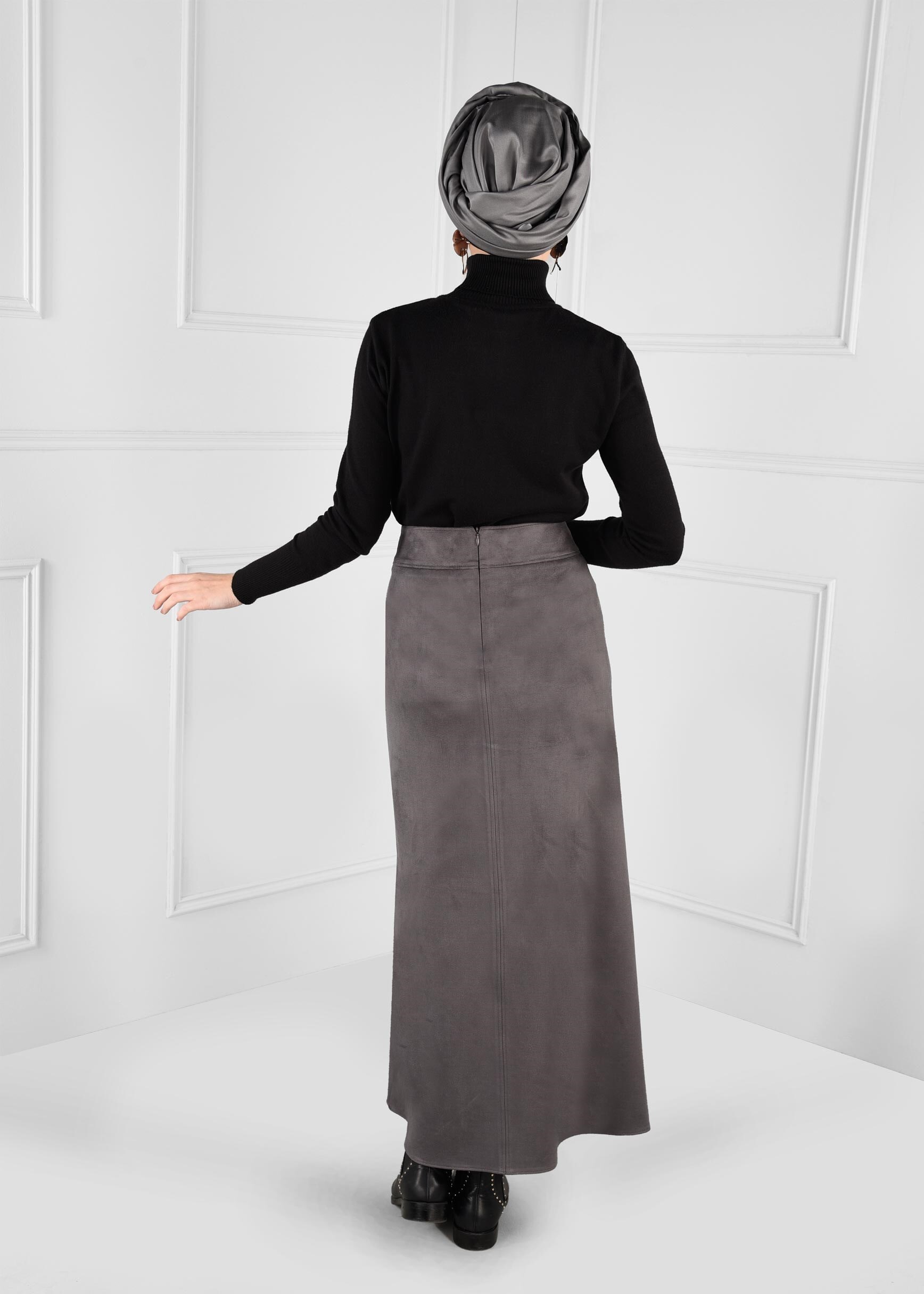 Tesettür giyim GRİ FERMUAR DETAYLI YÜKSEK BEL SÜET ETEK 6124