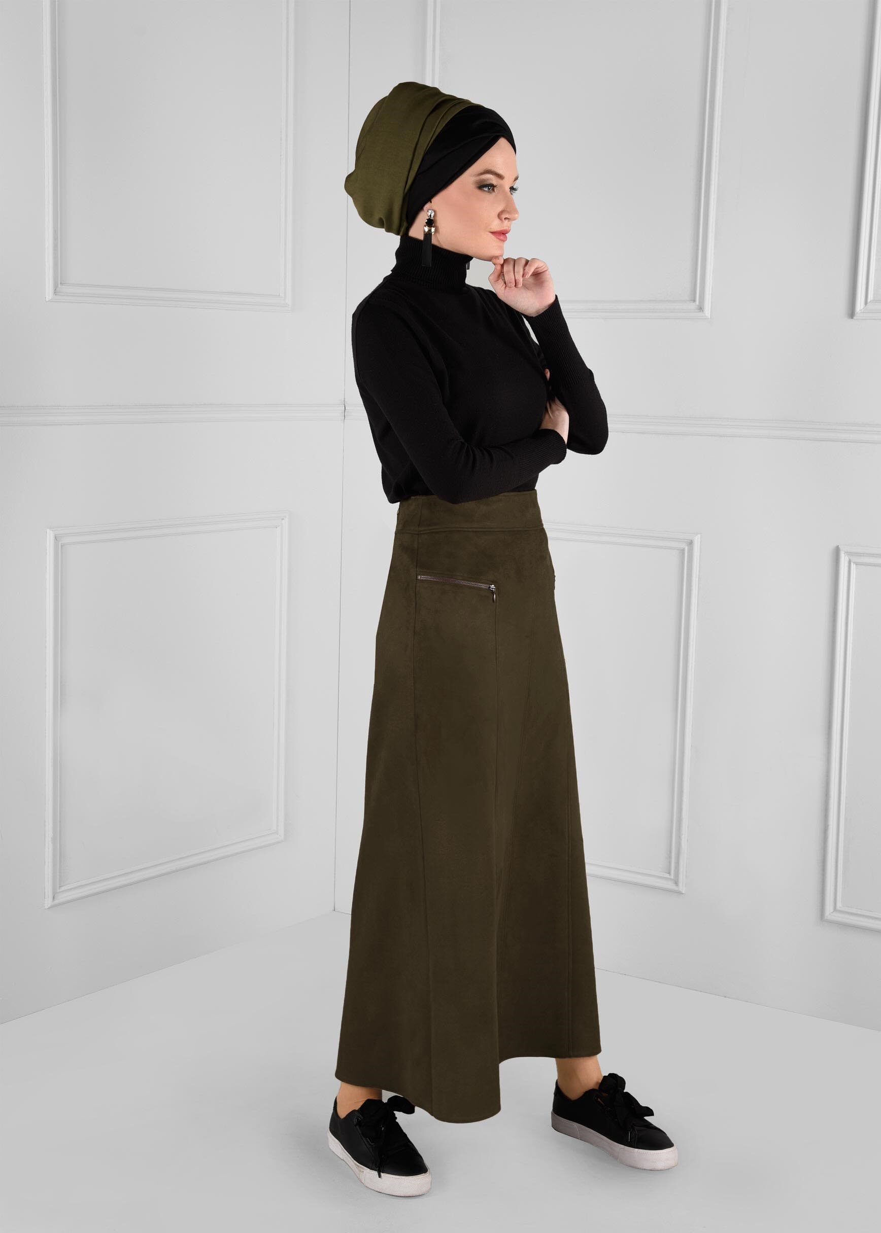 Tesettür giyim HAKİ FERMUAR DETAYLI YÜKSEK BEL SÜET ETEK 6124