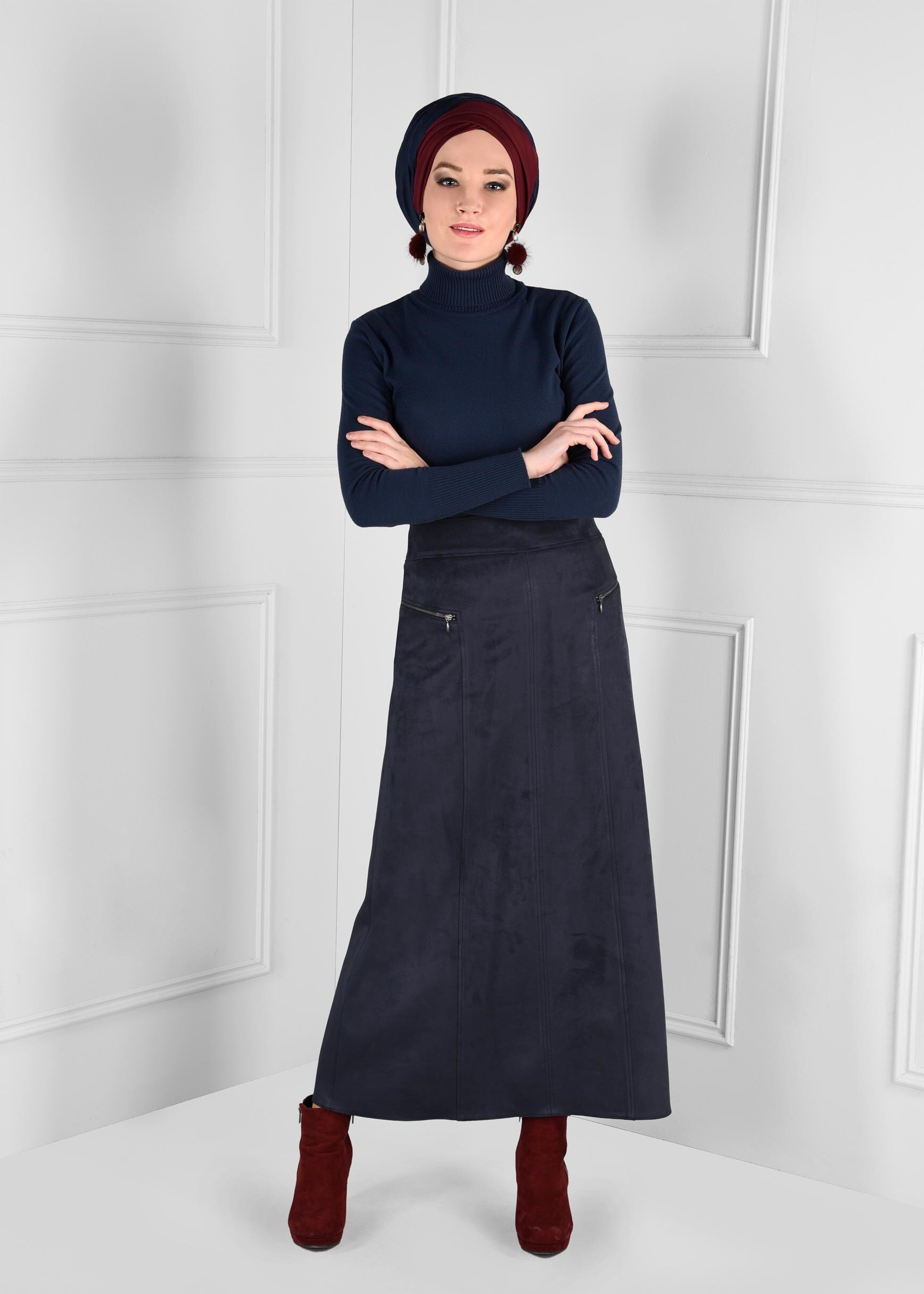 Tesettür giyim LACİVERT FERMUAR DETAYLI YÜKSEK BEL SÜET ETEK 6124