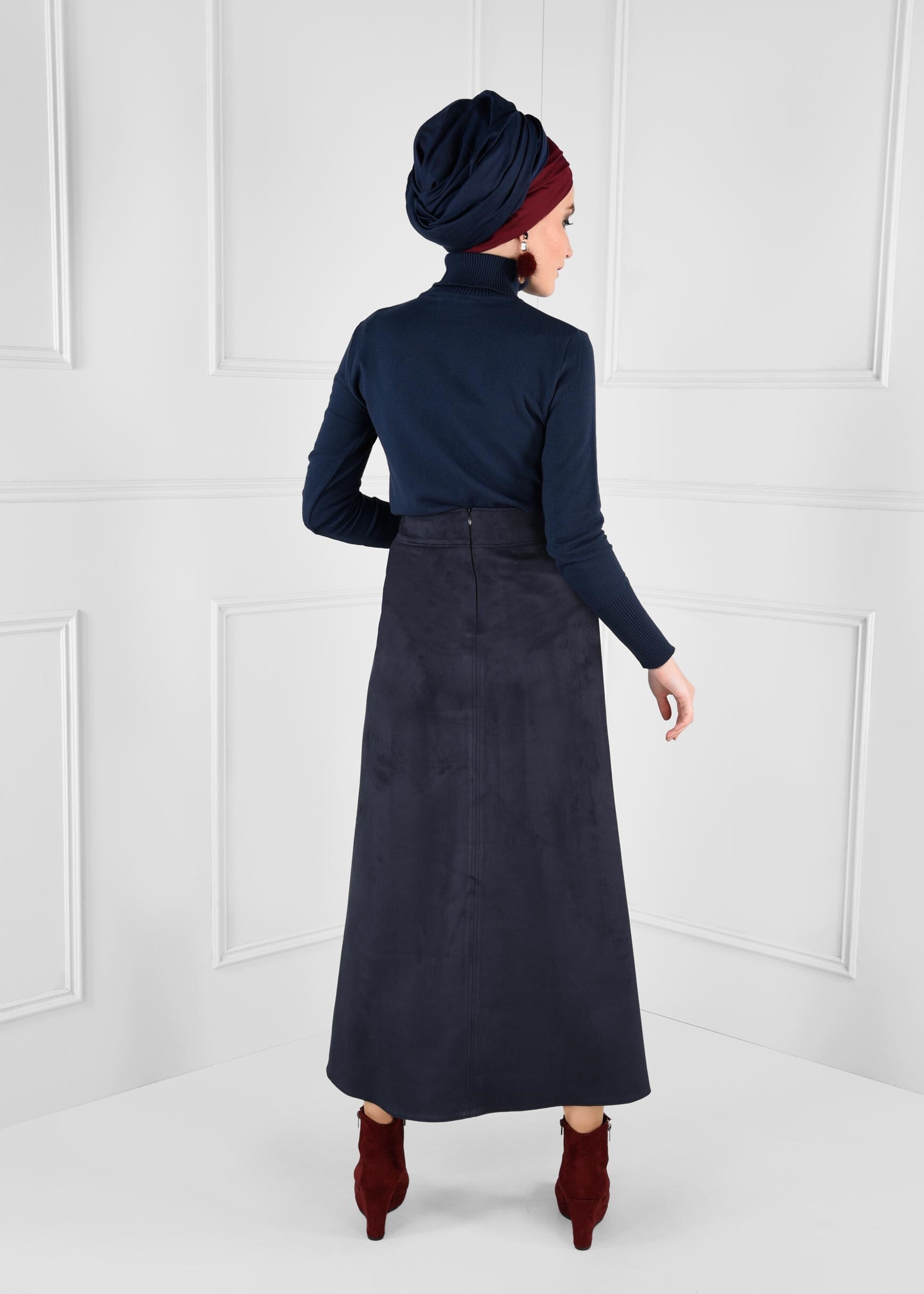 Tesettür giyim LACİVERT FERMUAR DETAYLI YÜKSEK BEL SÜET ETEK 6124