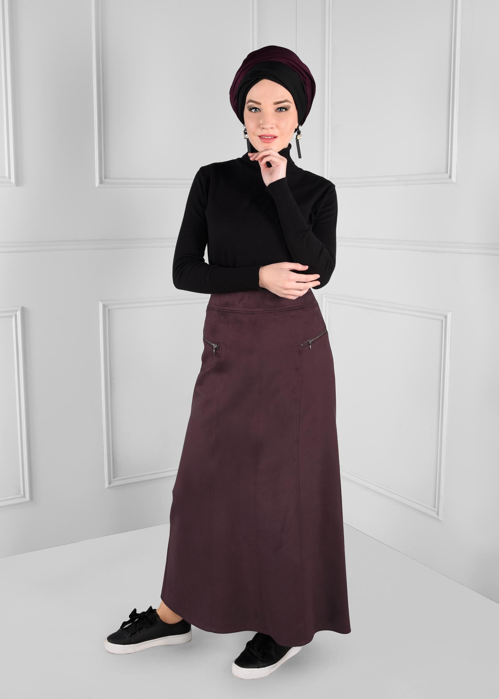 Tesettür giyim MÜRDÜM FERMUAR DETAYLI YÜKSEK BEL SÜET ETEK 6124