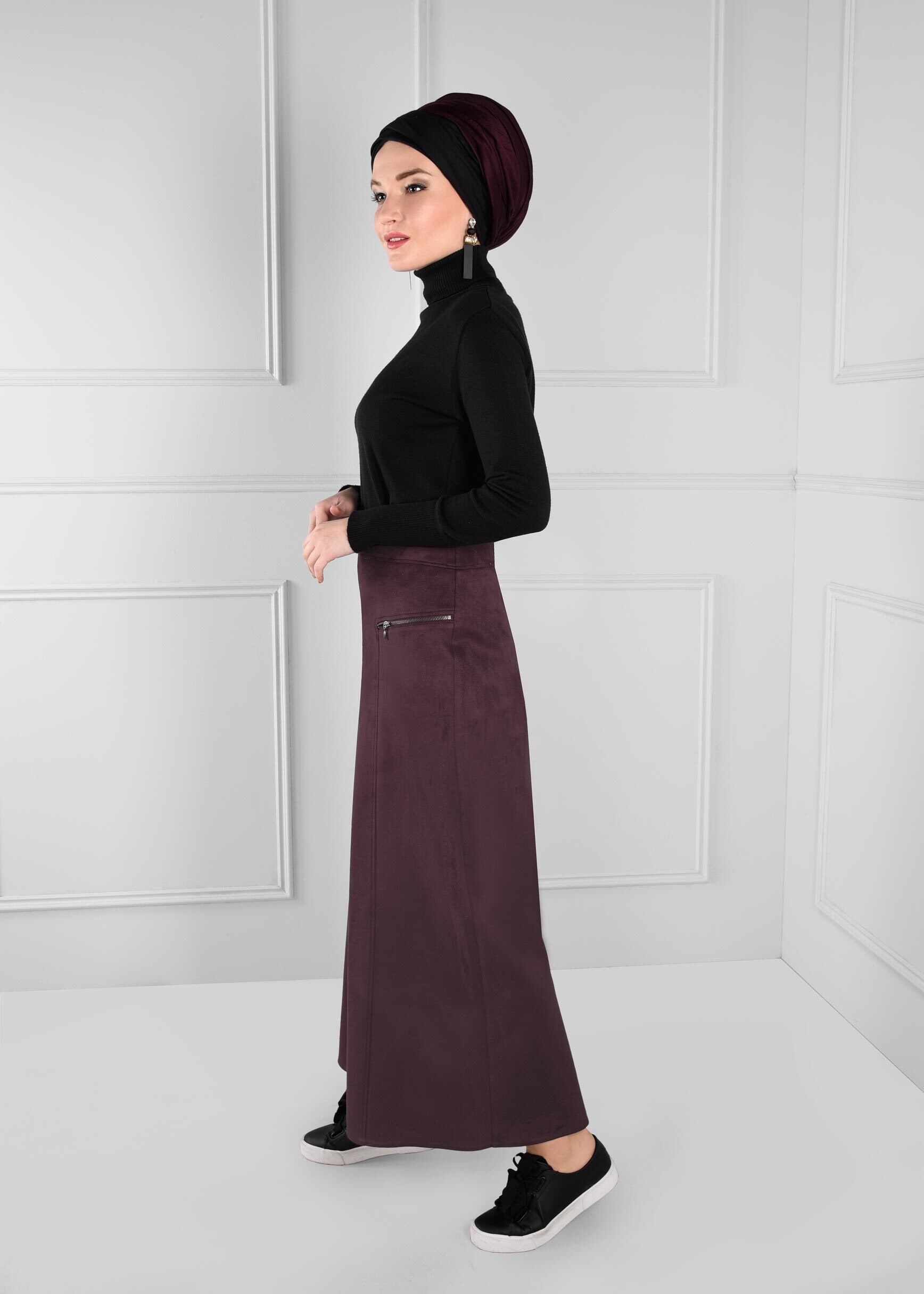 Tesettür giyim MÜRDÜM FERMUAR DETAYLI YÜKSEK BEL SÜET ETEK 6124