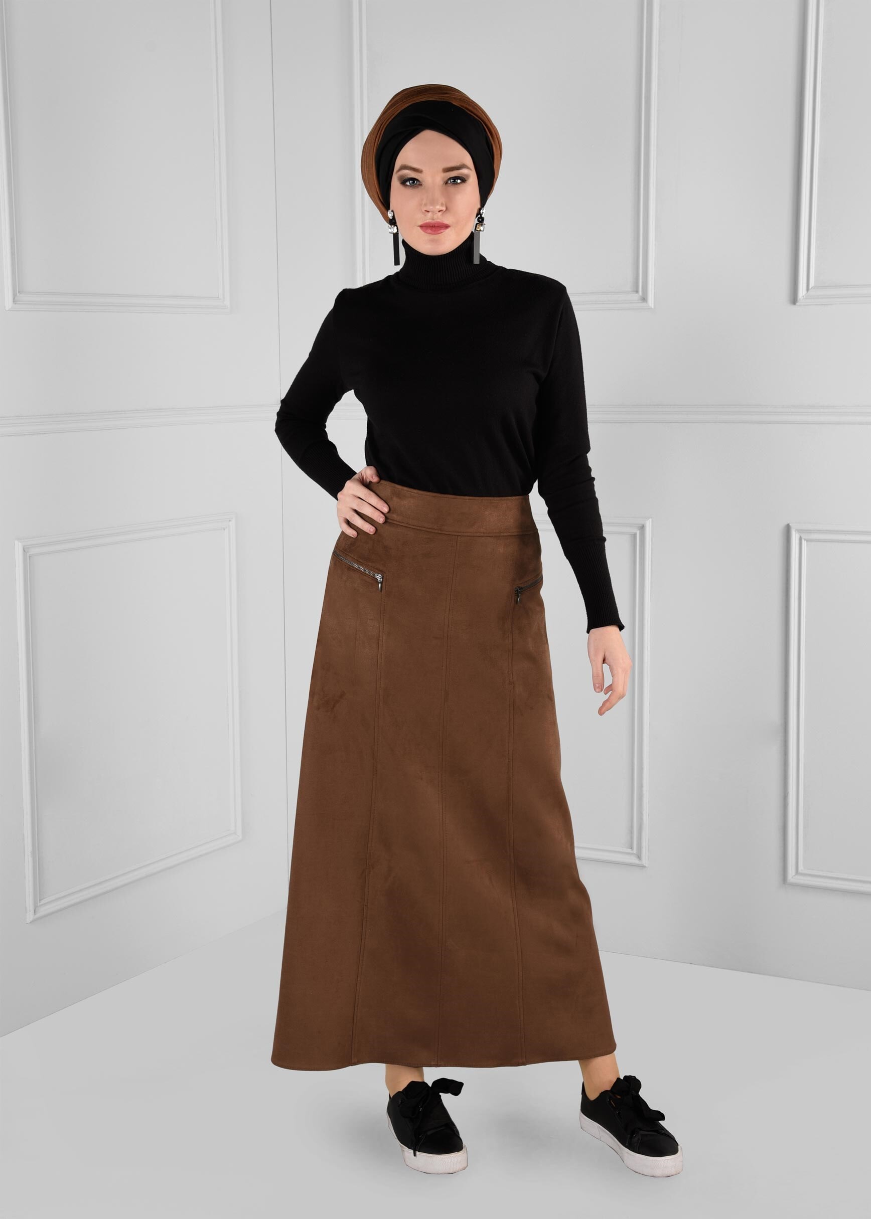 Tesettür giyim TABA FERMUAR DETAYLI YÜKSEK BEL SÜET ETEK 6124