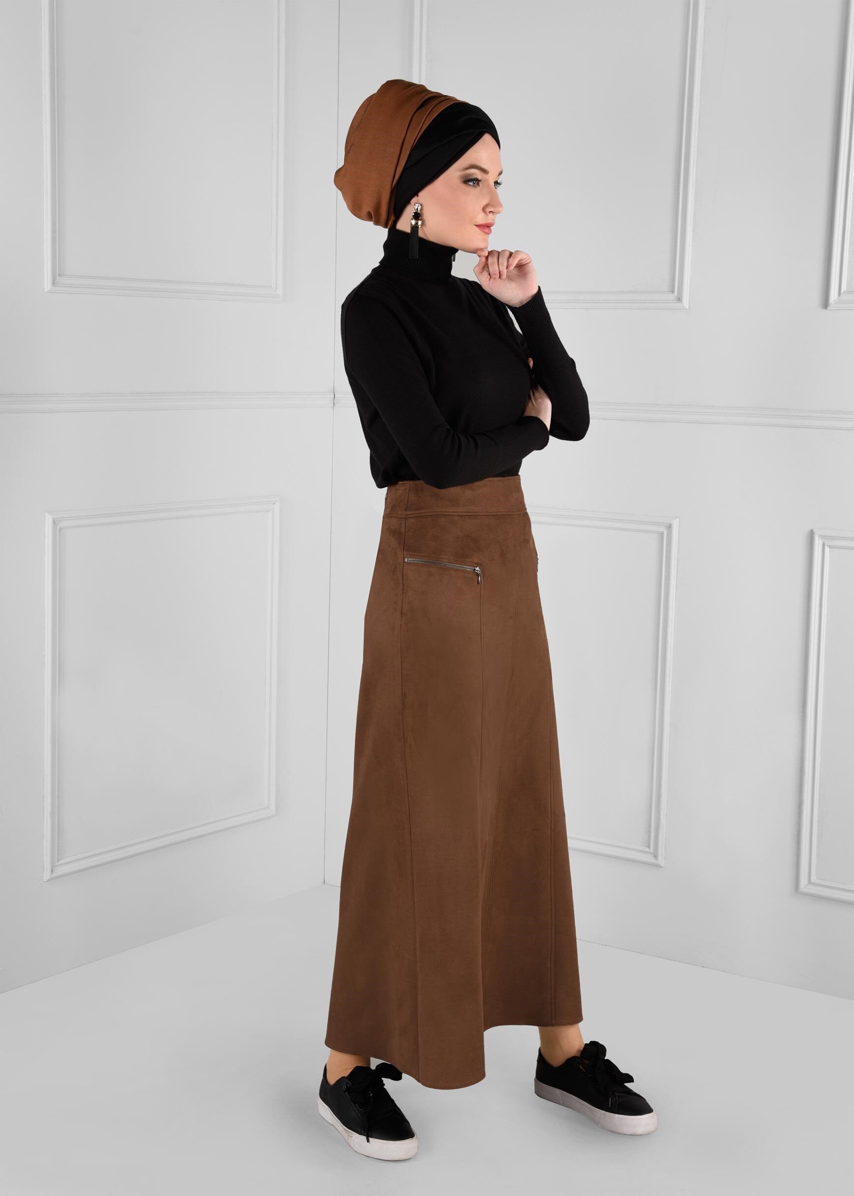 Tesettür giyim TABA FERMUAR DETAYLI YÜKSEK BEL SÜET ETEK 6124