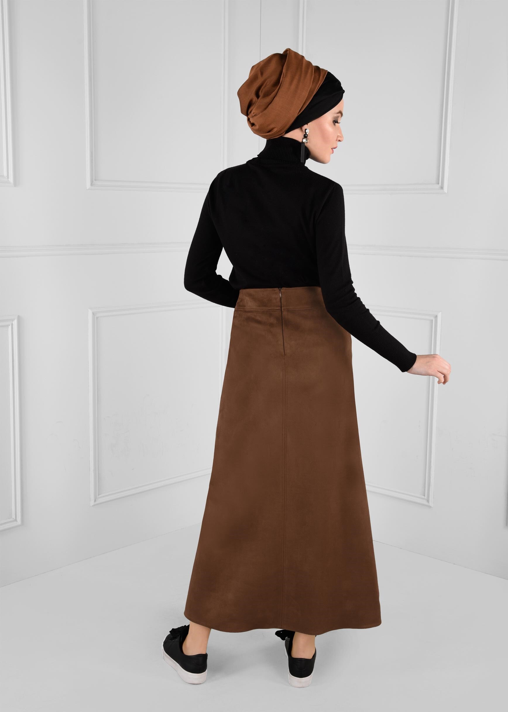 Tesettür giyim TABA FERMUAR DETAYLI YÜKSEK BEL SÜET ETEK 6124